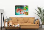 Painting of a Mother Mallard with her chicks swimming on the Lake.  Canvas Wrapped Print hanging on a Living Room  Wall.