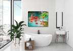 Painting of a Mother Mallard with her chicks swimming on the Lake.  Canvas Wrapped Print hanging on the Bathroom Wall.