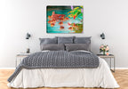 Painting of a Mother Mallard with her chicks swimming on the Lake.  Canvas Wrapped Print hanging on the Bedroom Wall.