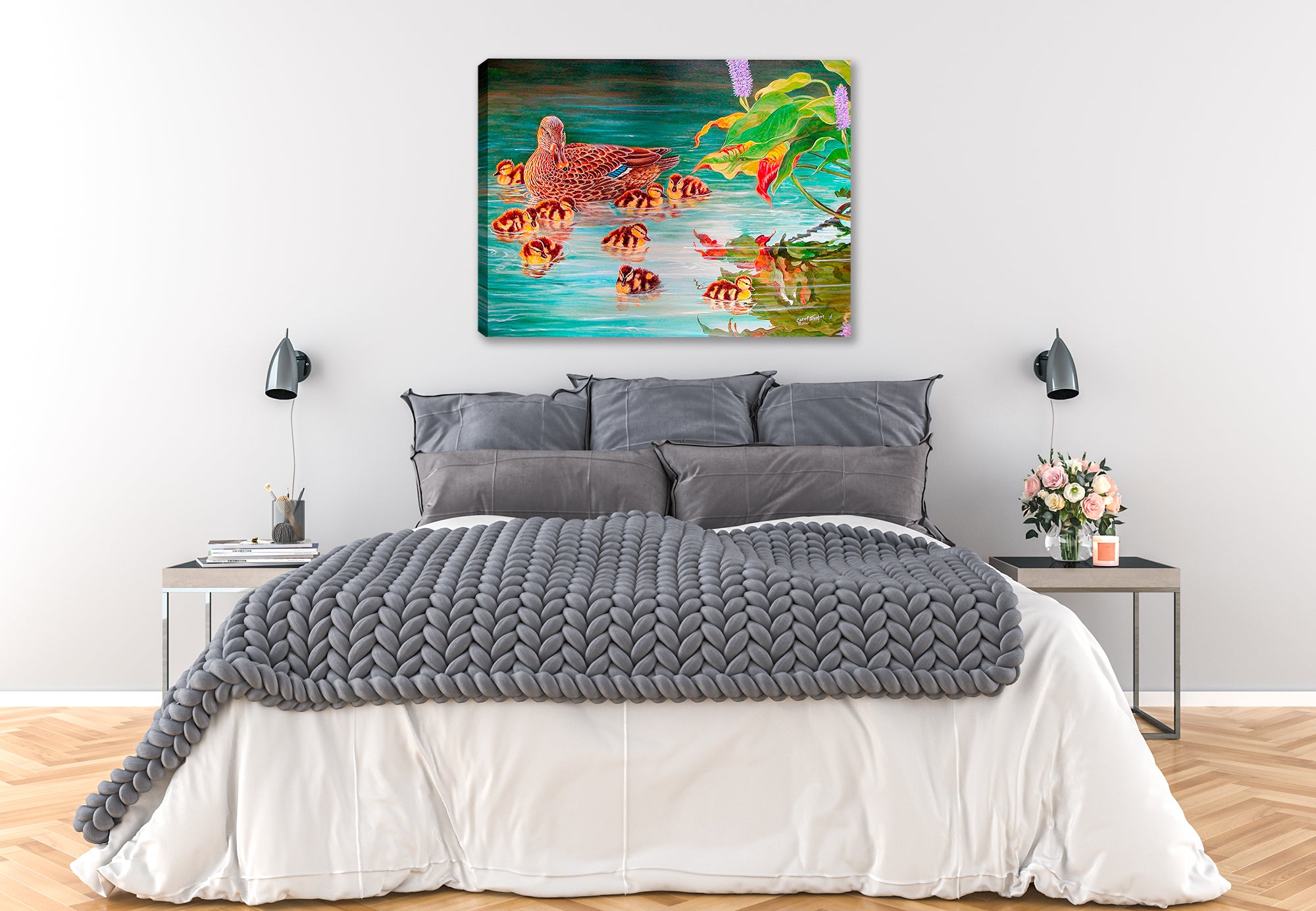 Painting of a Mother Mallard with her chicks swimming on the Lake.  Canvas Wrapped Print hanging on the Bedroom Wall.
