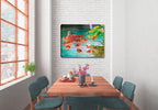 Painting of a Mother Mallard with her chicks swimming on the Lake.  Canvas Wrapped Print hanging on the Dining Room Wall.