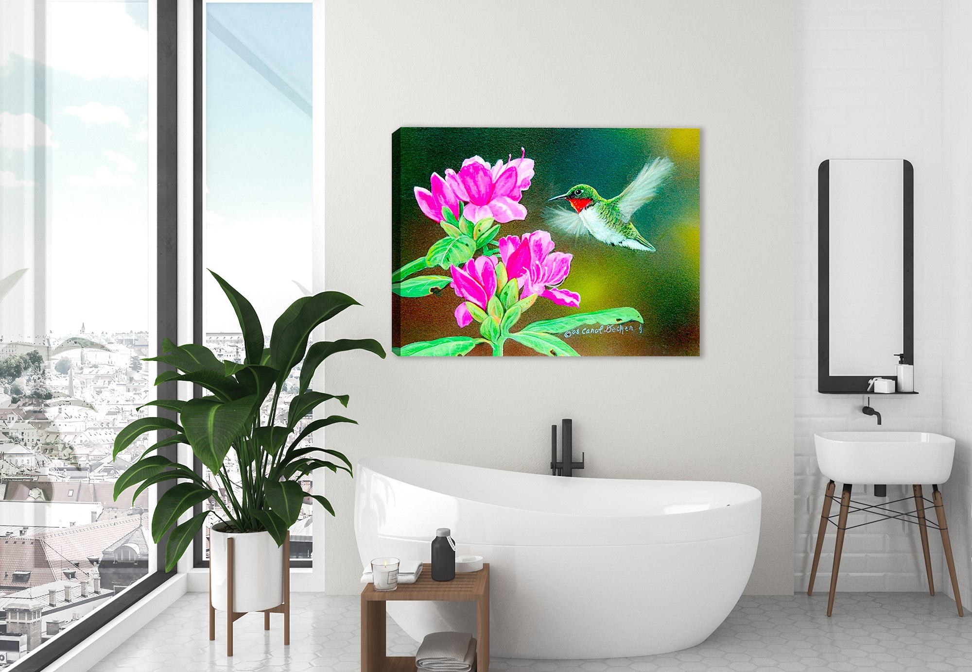 Painting of a Hummingbird  hovering of flowers - printed on Waterproof Canvas - hanging on Bathroom Wall