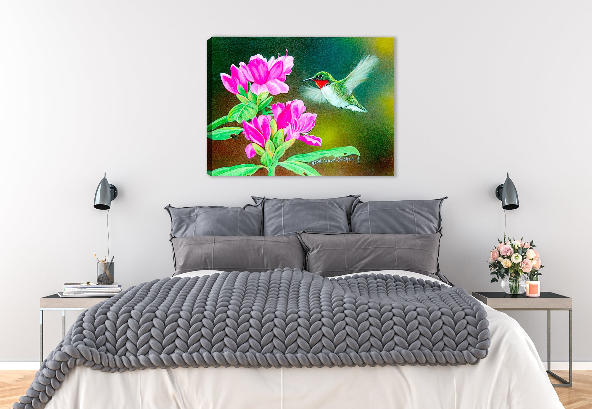 Painting of a Hummingbird  hovering of flowers - printed on Waterproof Canvas - hanging on Bedroom Wall