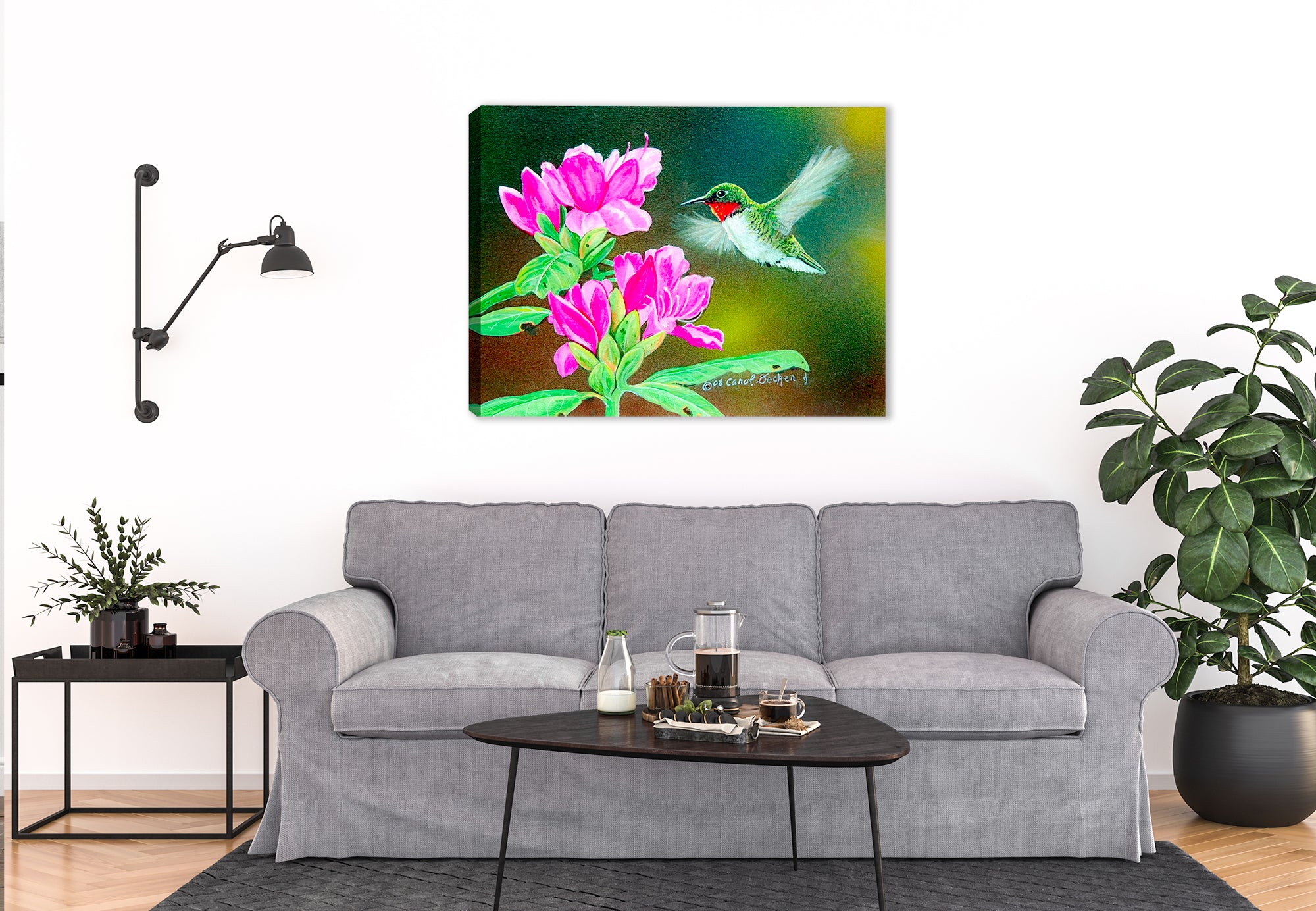 Painting of a Hummingbird  hovering of flowers - printed on Waterproof Canvas - hanging on Living Room Wall