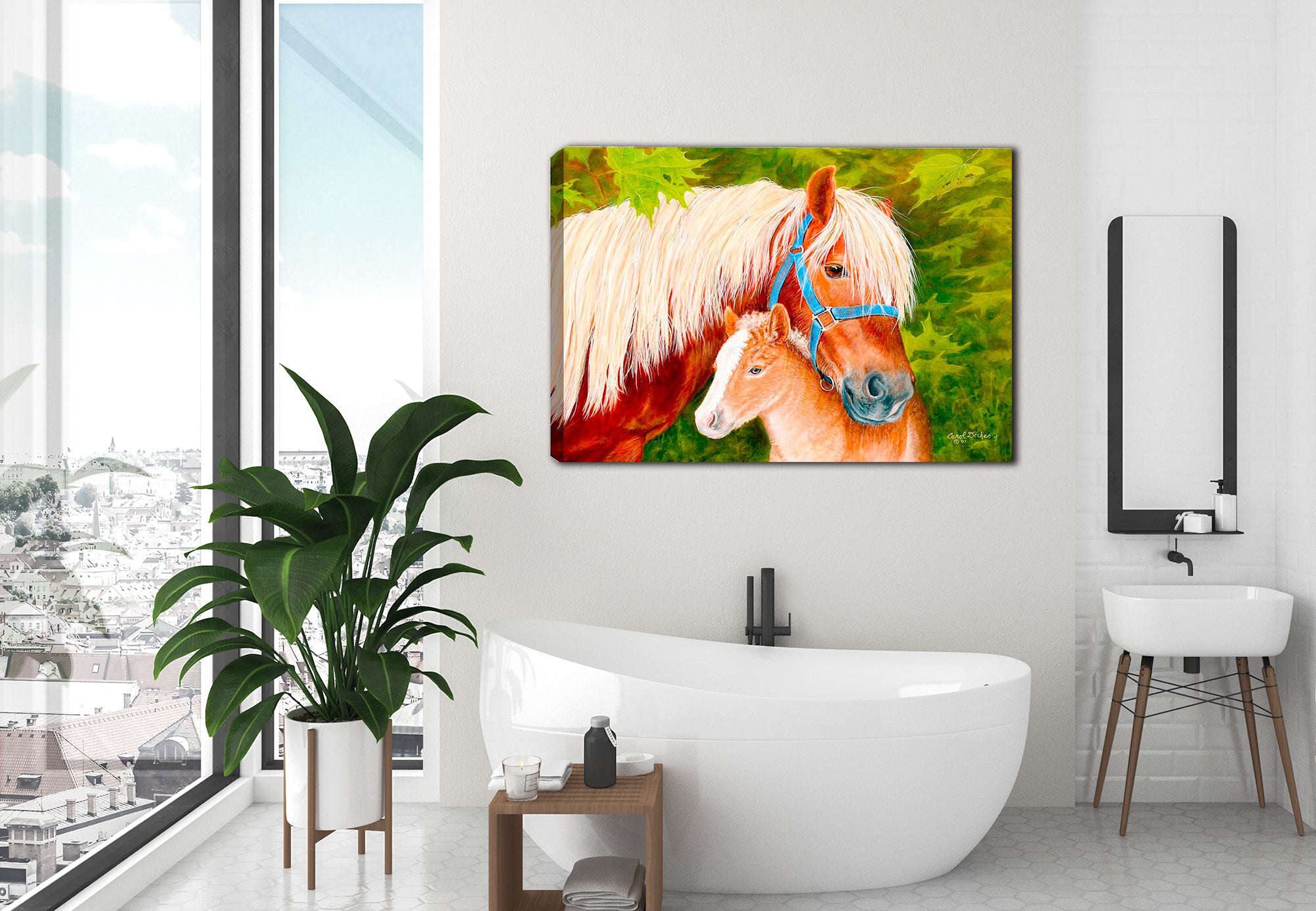 Painting of a Horse and Foal on a Canvas Wrap hanging on a bathroom wall.