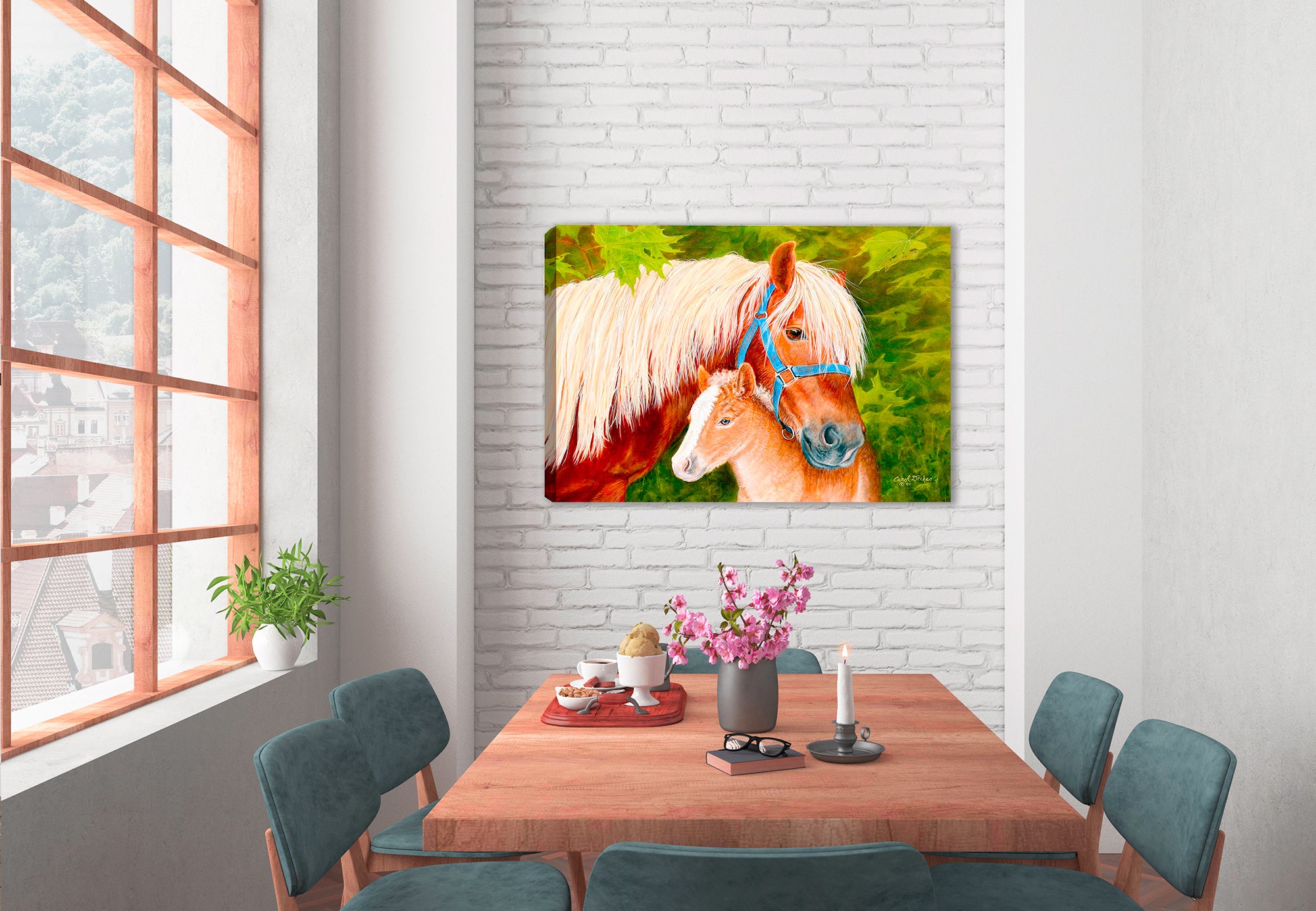 Painting of a Horse and Foal on a Canvas Wrap hanging on a Dining room wall.