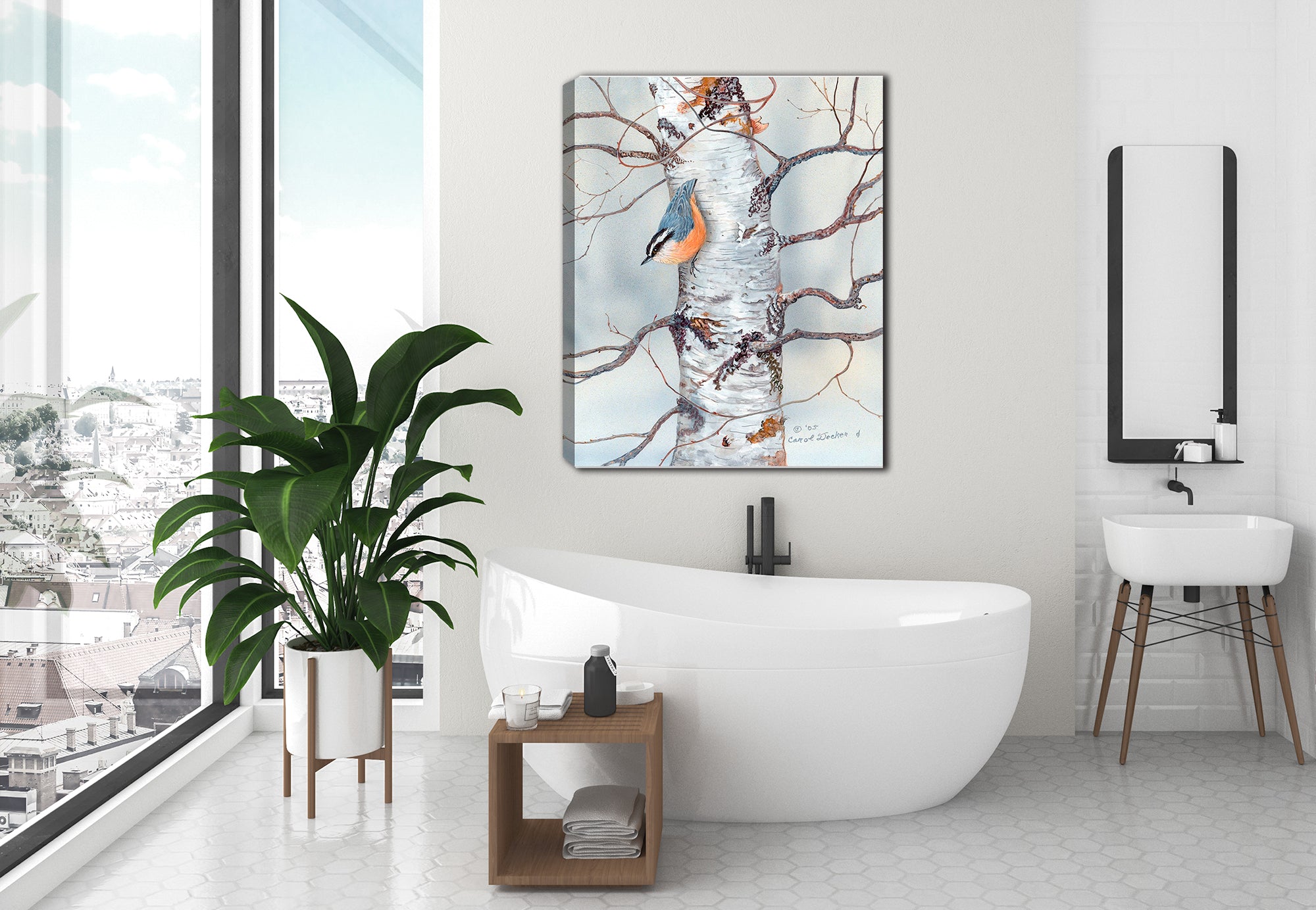 Painting of a Red-Breasted Nuthatch on a Birch Tree.  Hanging on Bathroom Wall