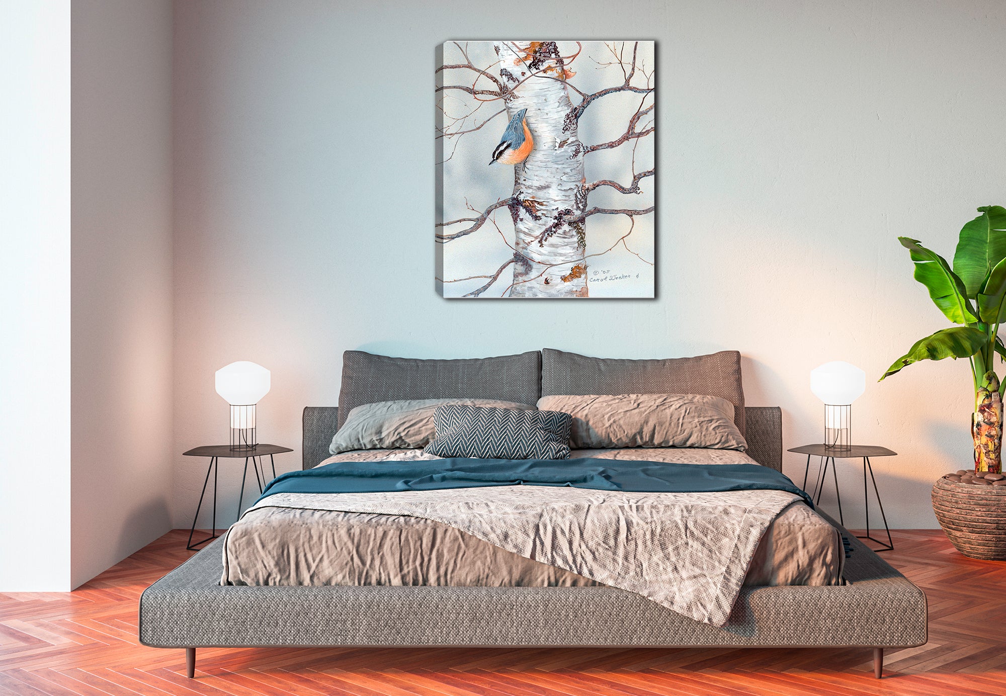 Painting of a Red-Breasted Nuthatch on a Birch Tree.  Hanging on Bedroom Wall