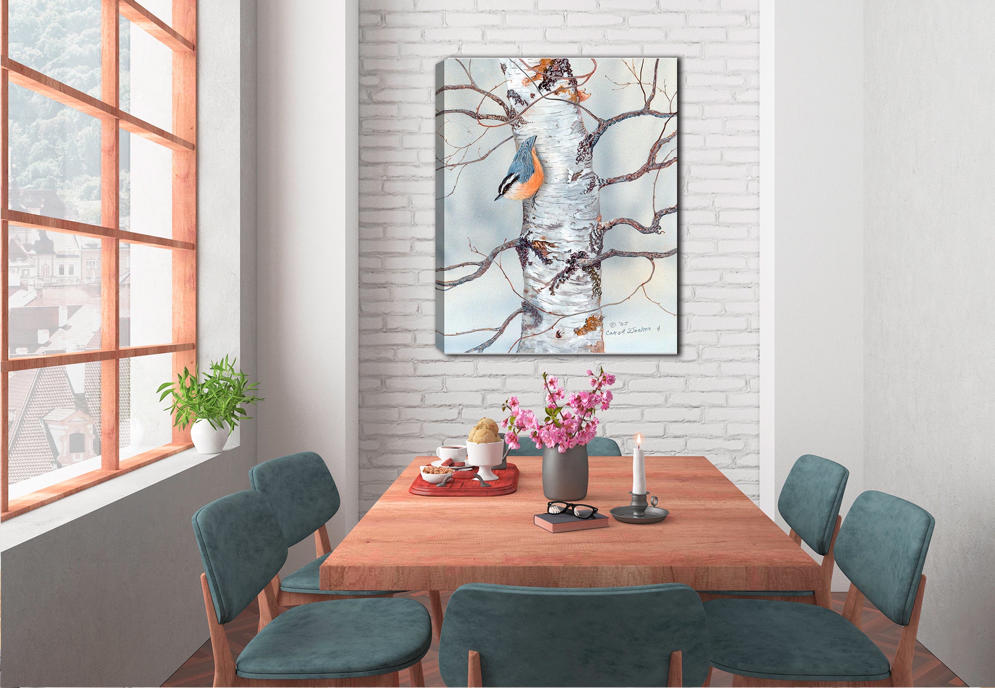 Painting of a Red-Breasted Nuthatch on a Birch Tree.  Hanging on Dining Room Wall