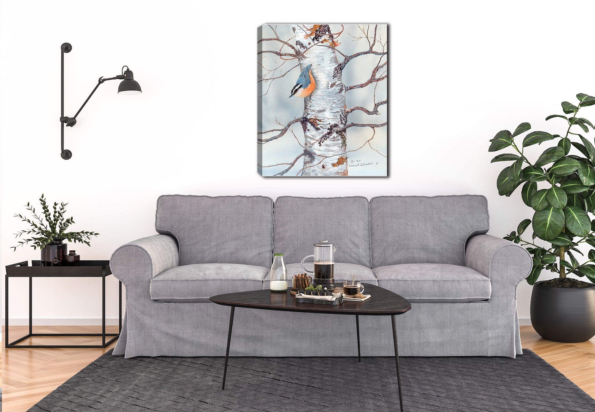 Painting of a Red-Breasted Nuthatch on a Birch Tree.  Haning on Living Room Wall.