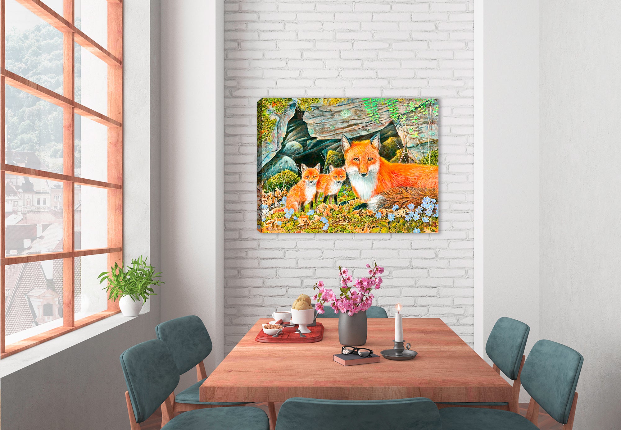 Red Fox Painting on Canvas - Hanging on dining room wall