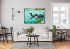 Painting of Loons and Lilies on a pond.  Printed on Waterproof Canvas.  Hanging on a Living Room Wall.