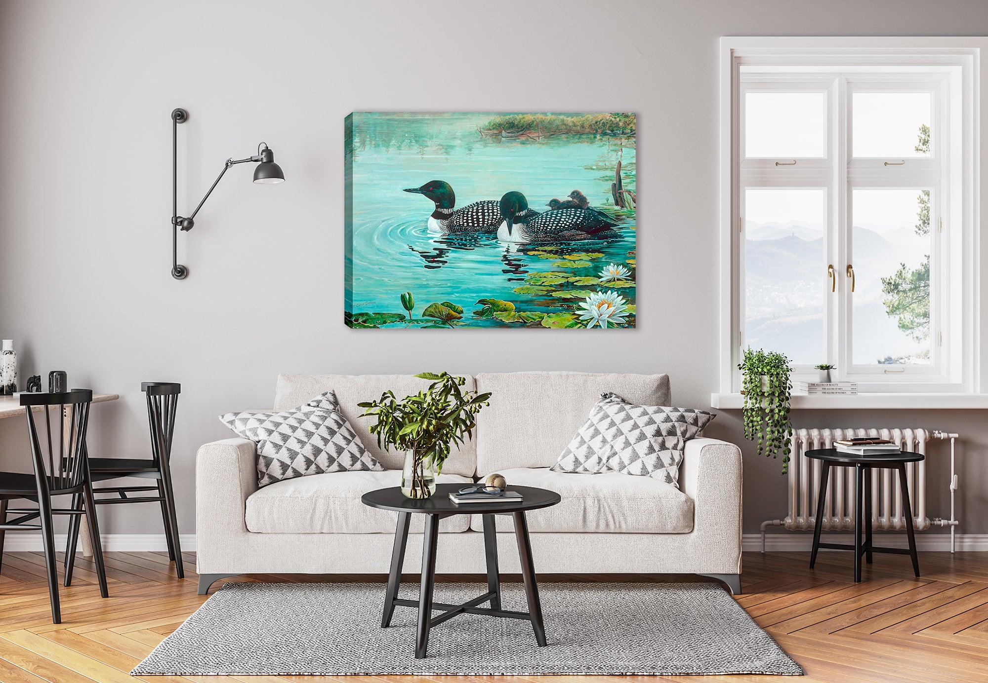 Painting of Loons and Lilies on a pond.  Printed on Waterproof Canvas.  Hanging on a Living Room Wall.