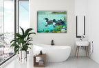 Painting of Loons and Lilies on a pond.  Printed on Waterproof Canvas.  Hanging on a bathroom wall.