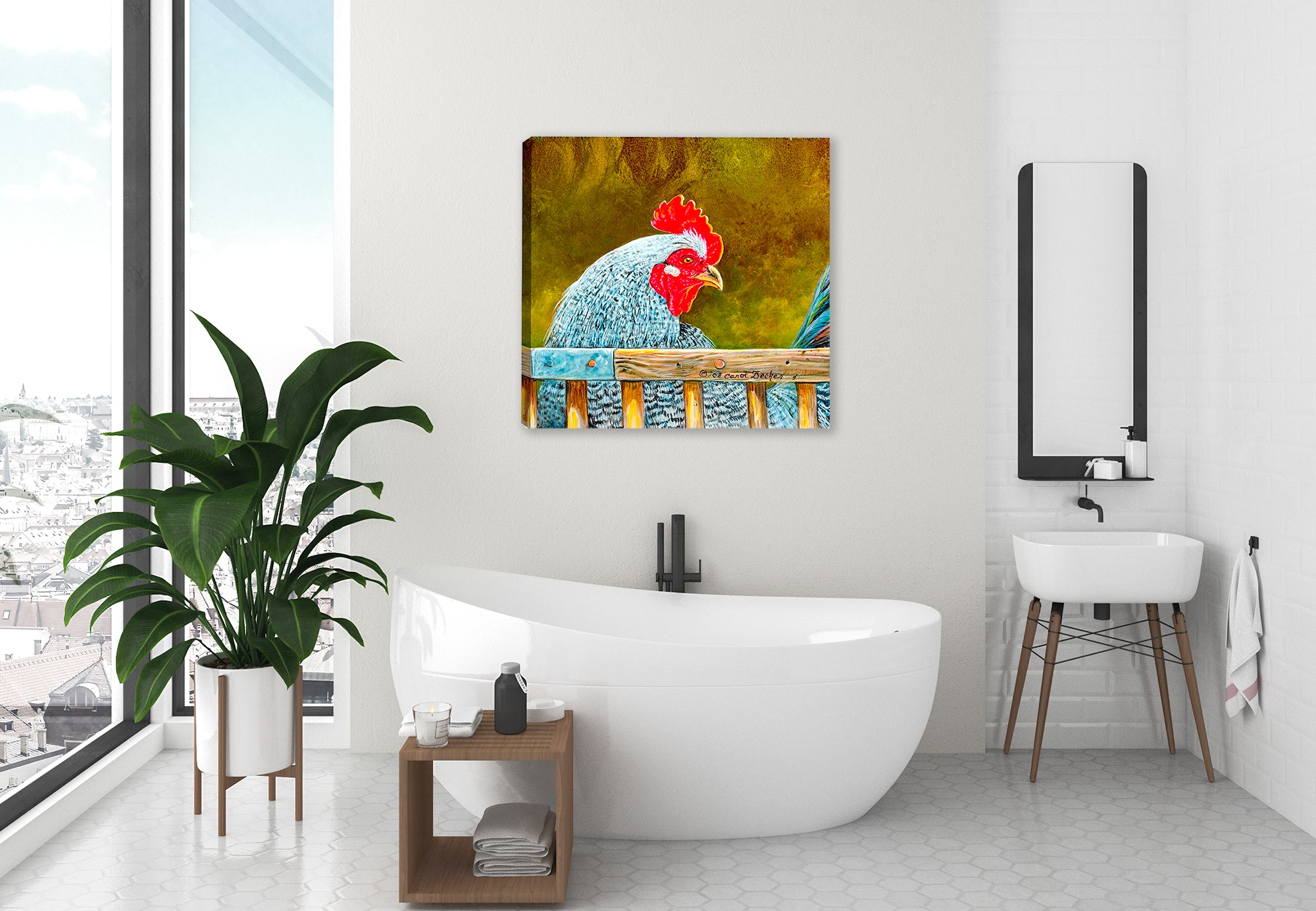 Rooster Painting printed on Canvas Hanging on Bath Room Wall.
