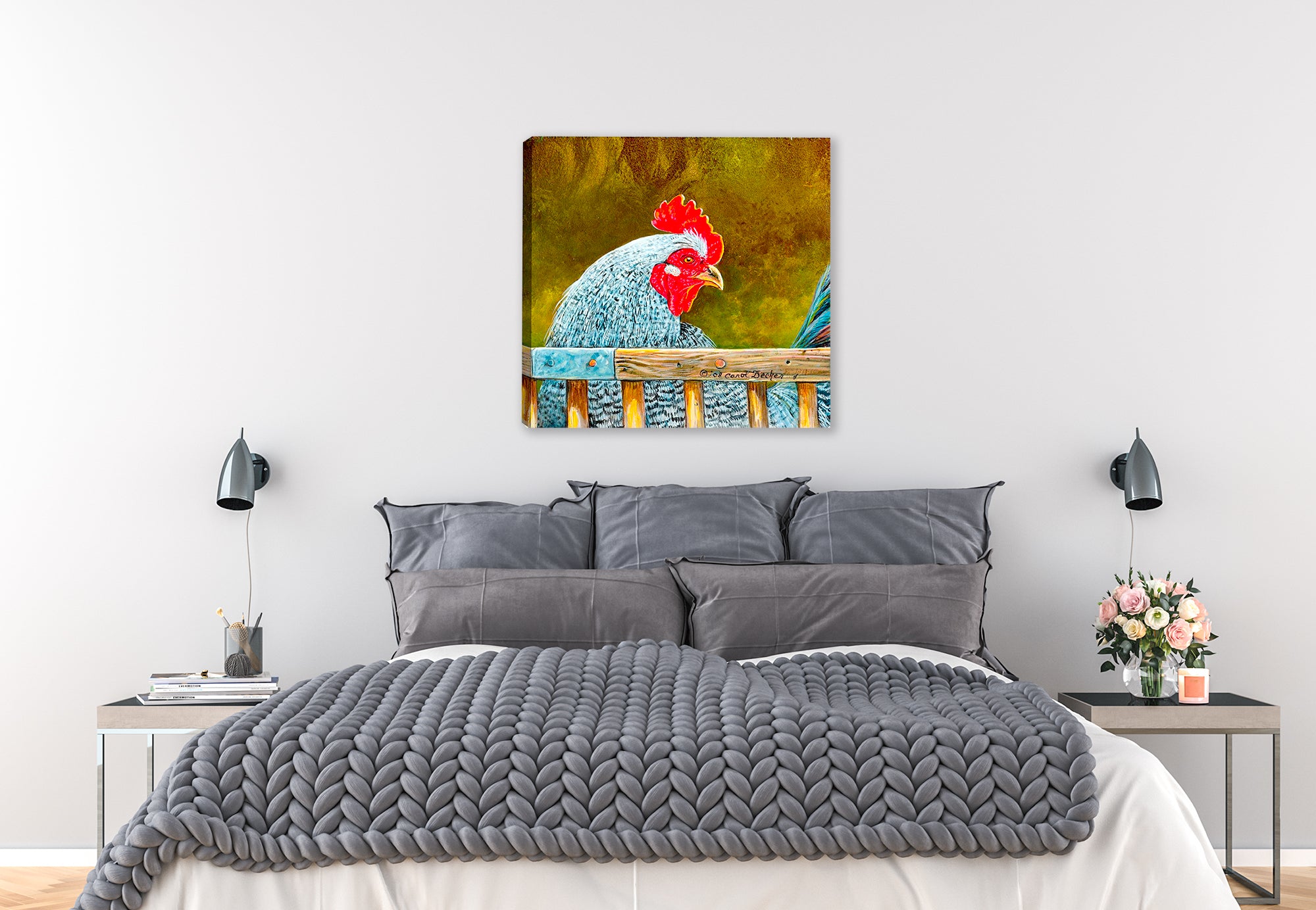 Rooster Painting printed on Canvas Hanging on Bedroom Wall.