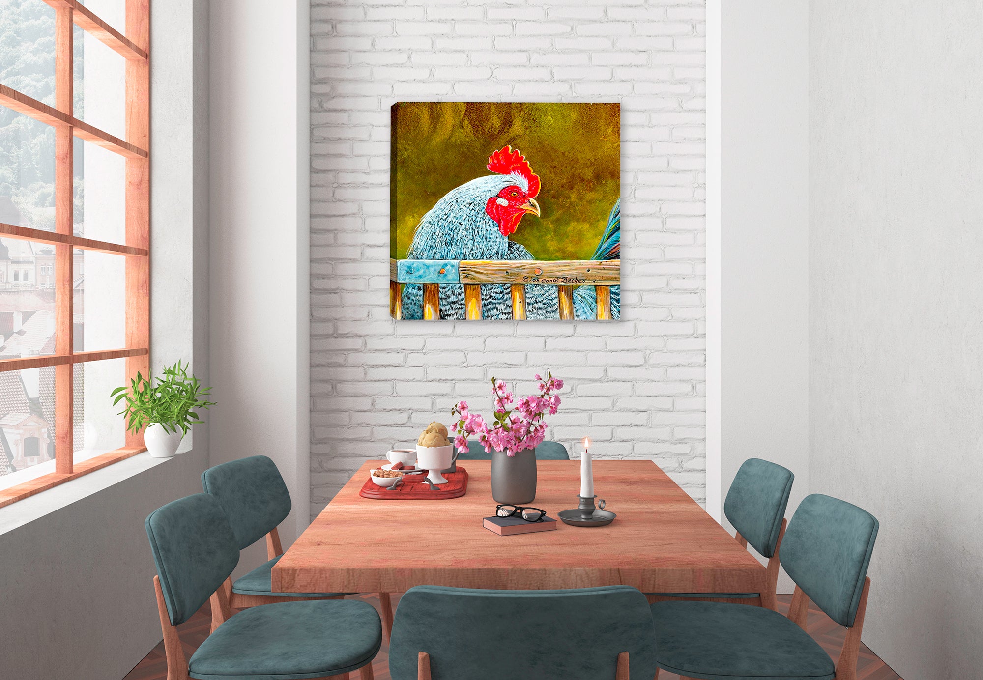 Rooster Painting printed on Canvas Hanging on Diningroom Wall.