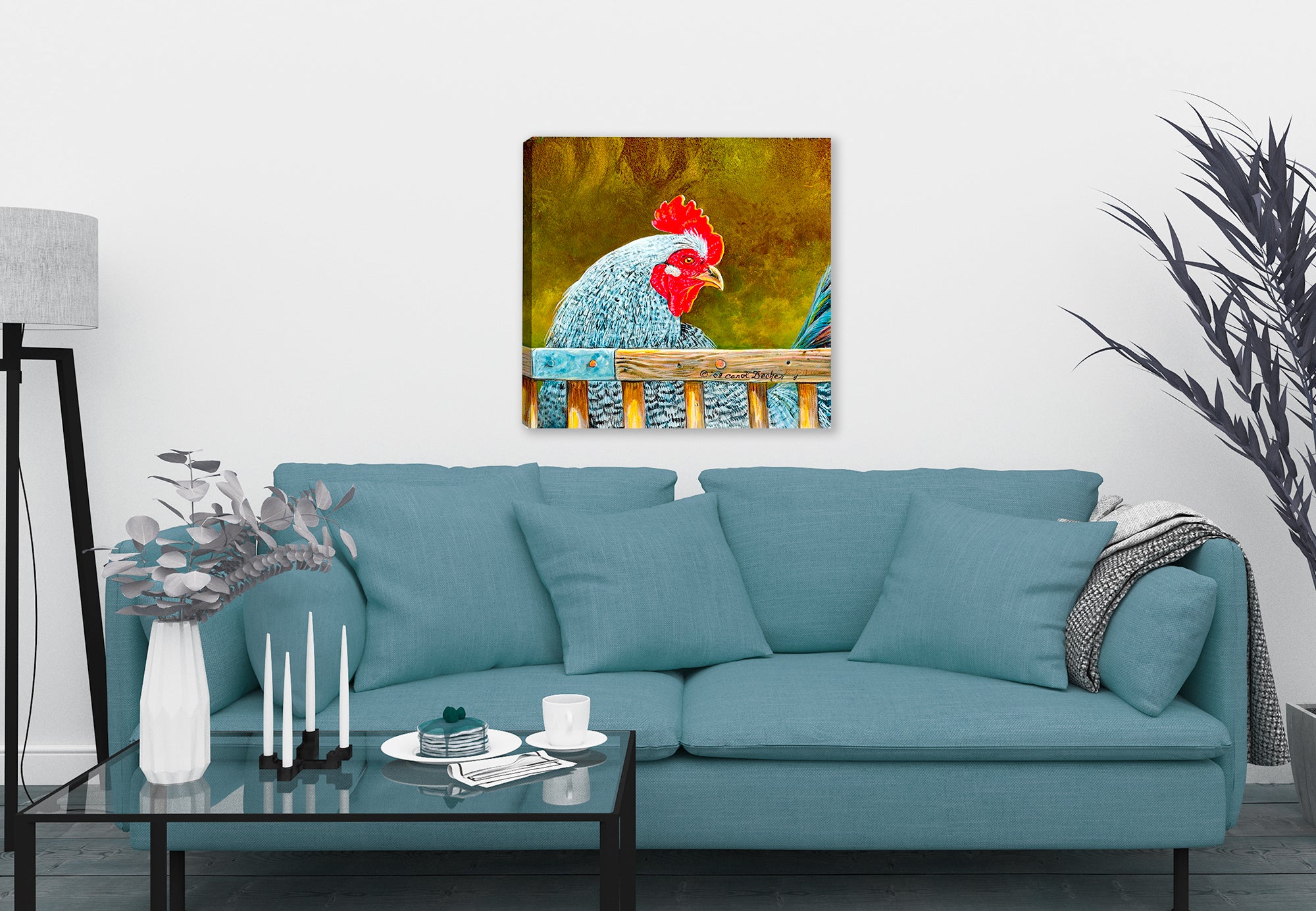 Rooster Painting printed on Canvas Hanging on Living  Room Wall.