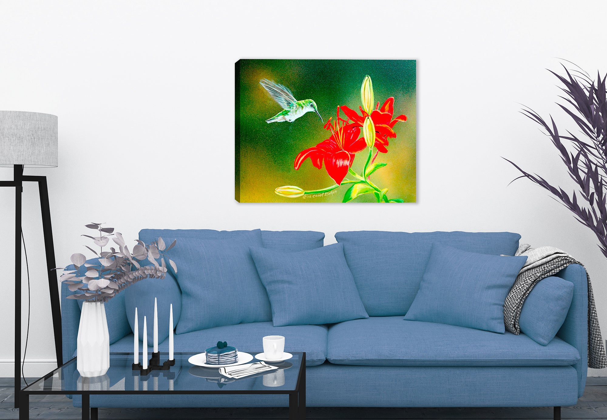 Painting of Hummingbird hovering over a d Lily - Waterproof Canvas - Hung on Living Room Wall. 