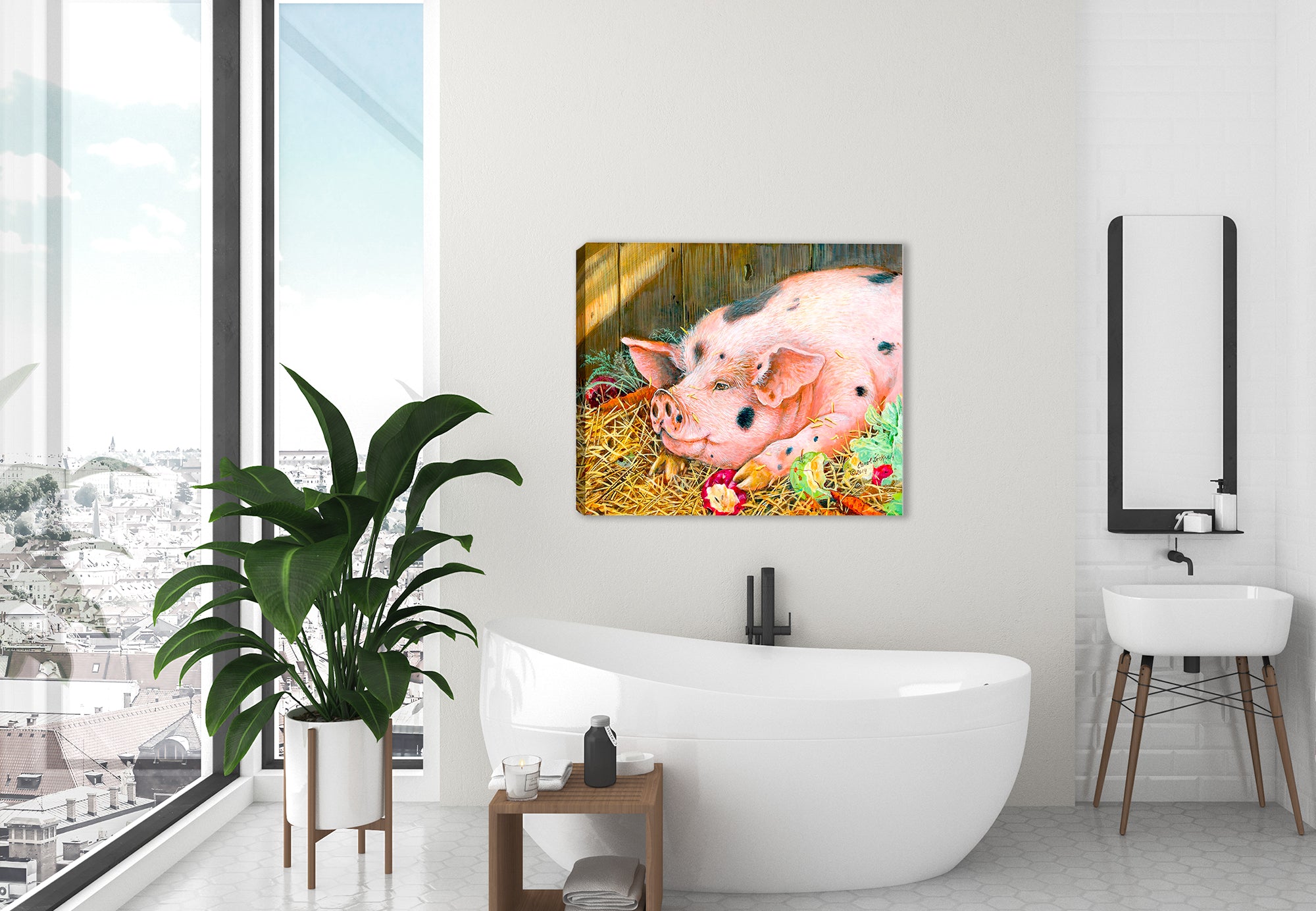 Painting of a Pig on a Canvas Wrap hanging of a Bedroom wall.