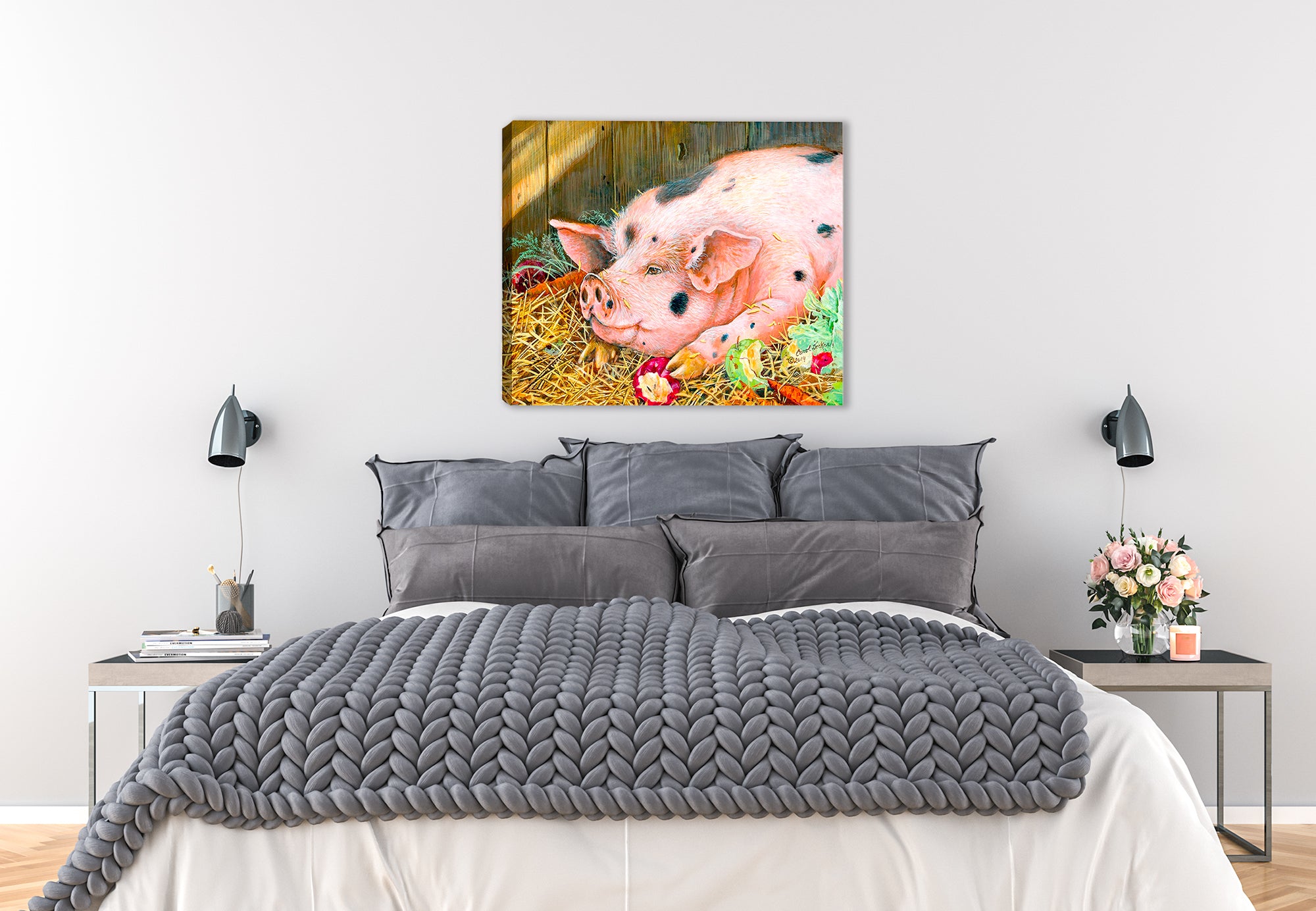 Painting of a Pig on a Canvas Wrap hanging of a Bedroom wall.