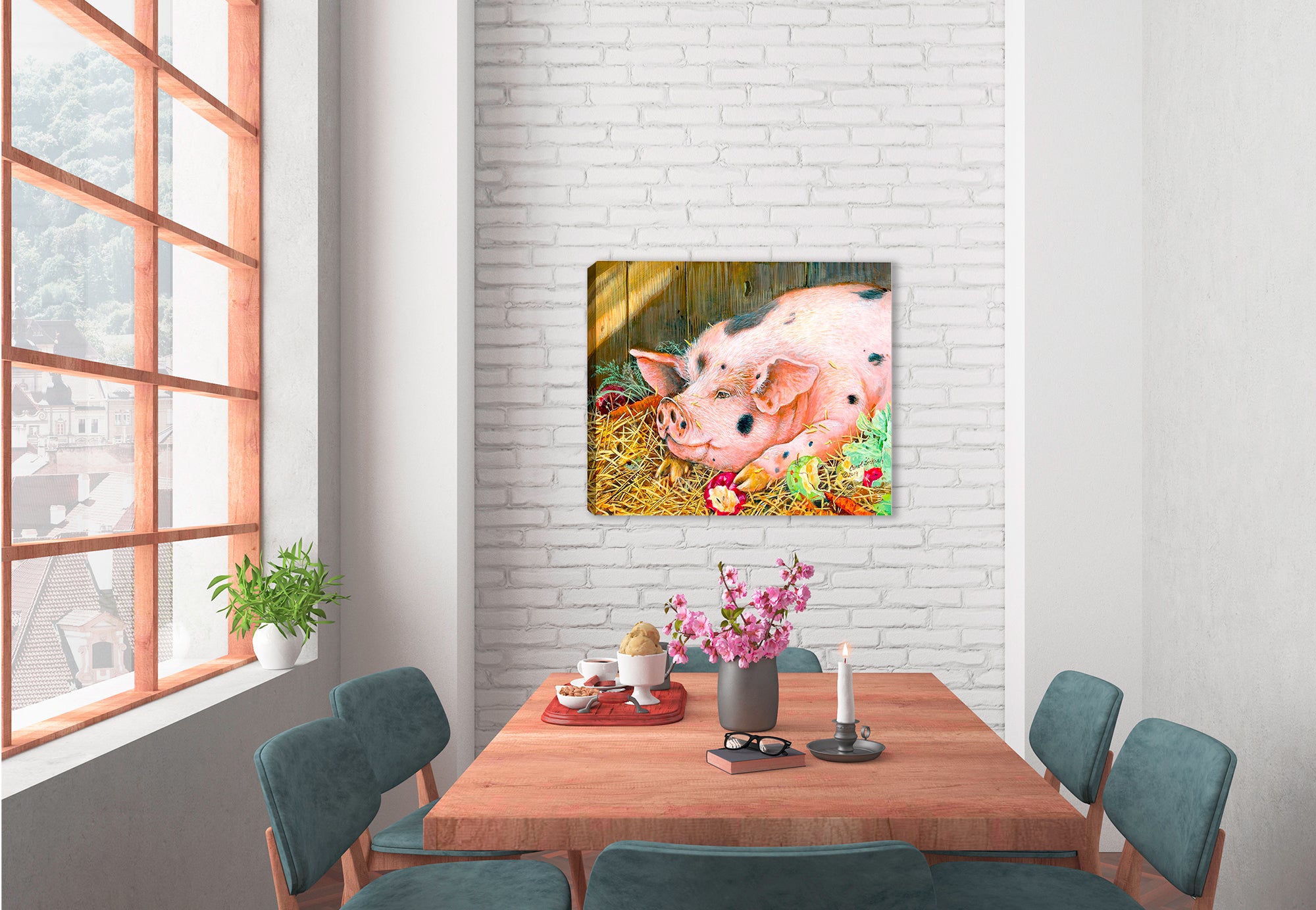 Painting of a Pig on a Canvas Wrap hanging of a Dining room wall.