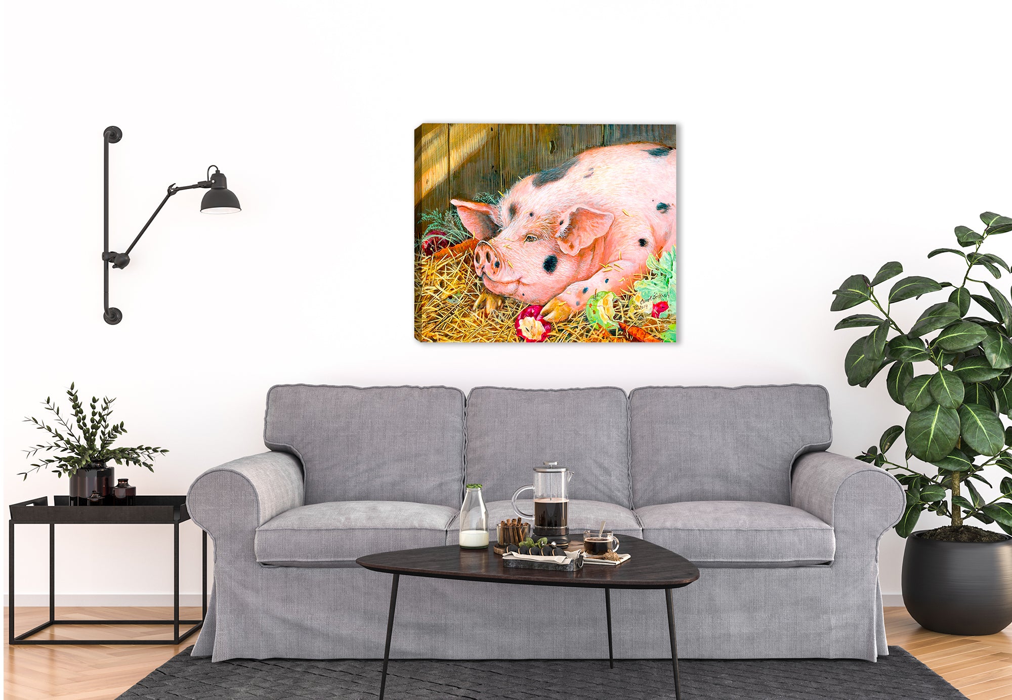 Painting of a Pig on a Canvas Wrap hanging of a Living room wall.