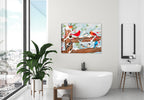 Songbirds on Snow Covered Fence - Convention - Painting by Carol Decker - Printed on Canvas - Hung on Bathroom Wall.