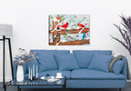 Songbirds on Snow Covered Fence - Convention - Painting by Carol Decker - Printed on Canvas - Hung on Living Room Wall.