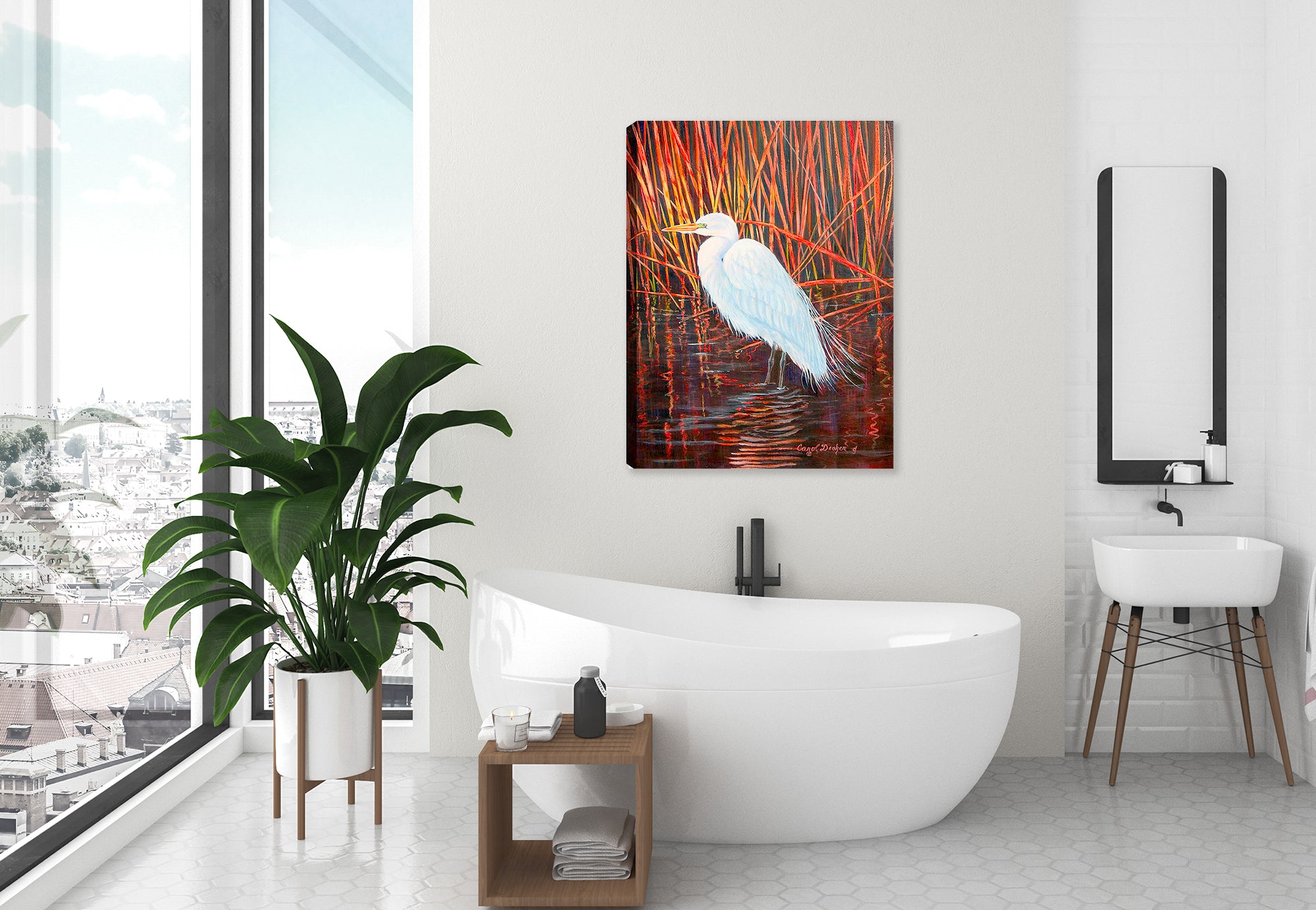 Painting of a White Egret on a Pond - Printed on Canvas. - Hung on Bathroom Wall.