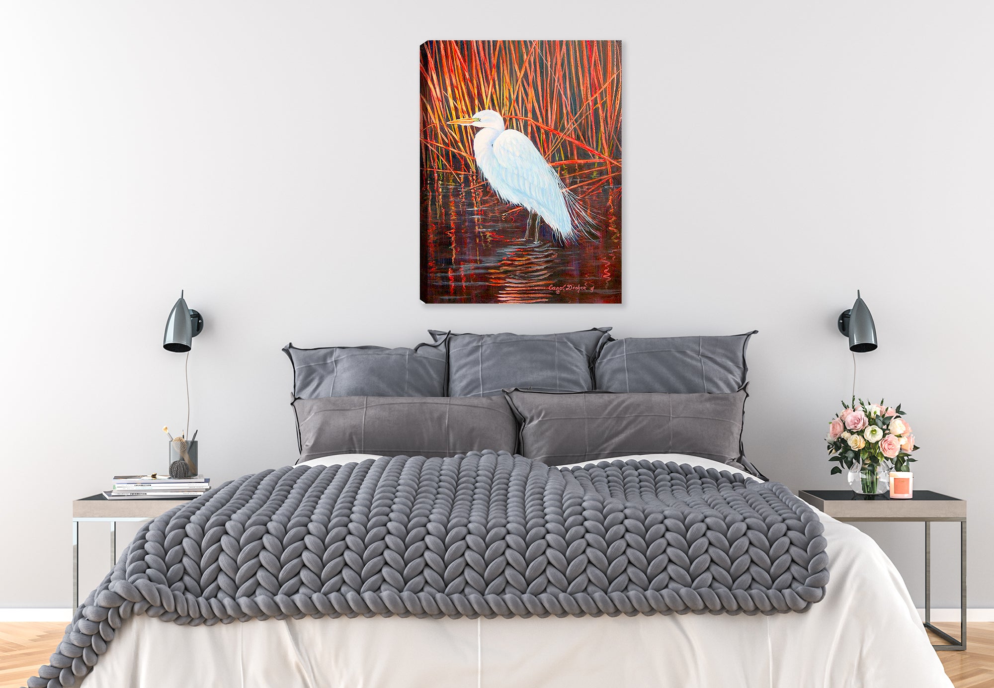 Painting of a White Egret on a Pond - Printed on Canvas. - Hung on Bedroom Wall.