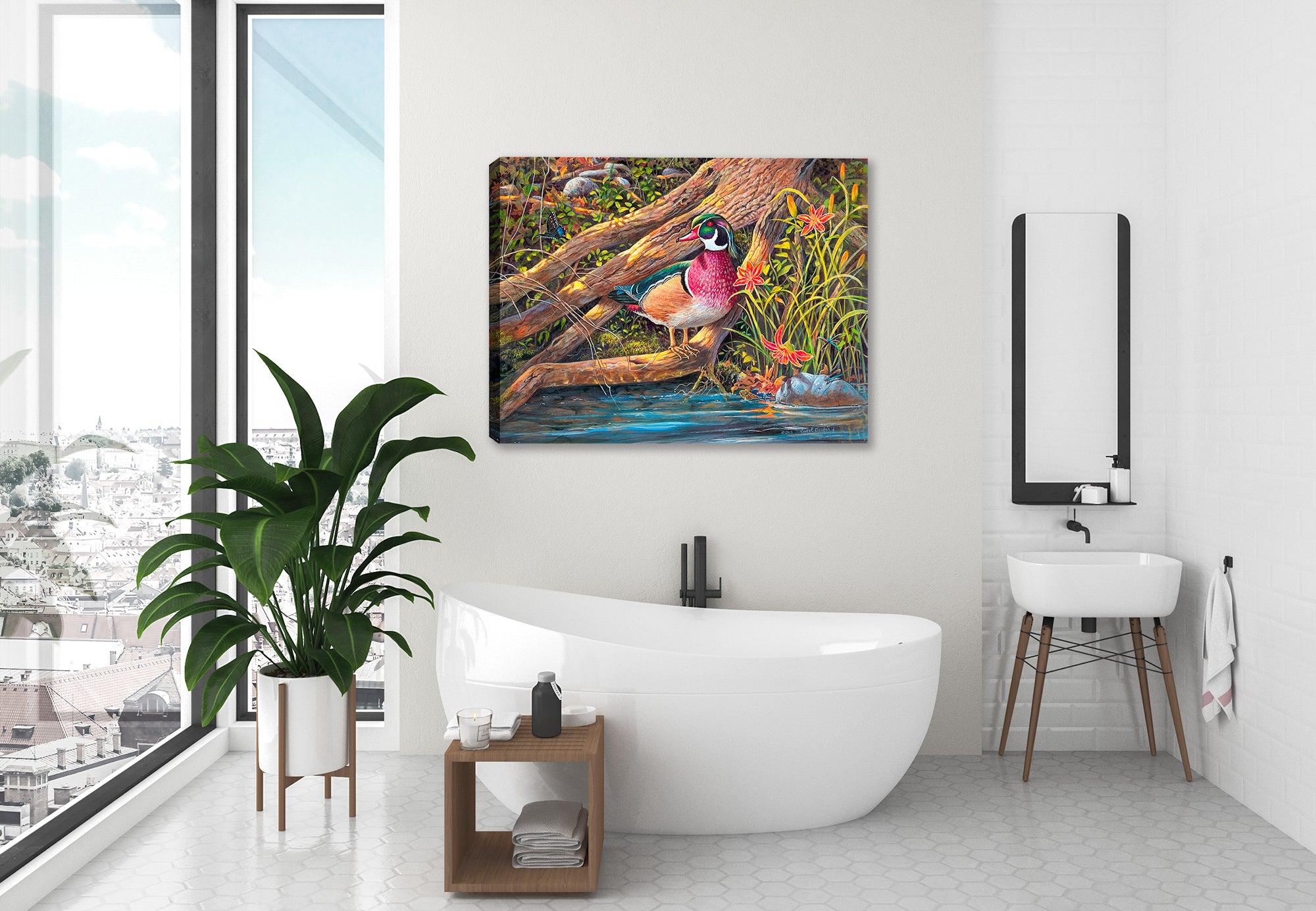 Streamside - a painting  by Carol Decker of a Wood Duck, Butterflies, dragonflies, and wild flowers. Printed on Canvas. Hung on Bathroom Wall.
