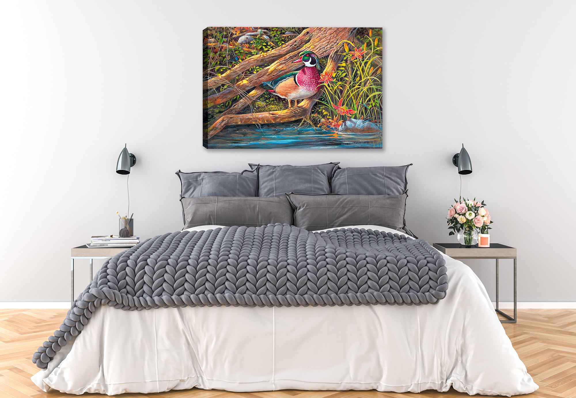Streamside - a painting  by Carol Decker of a Wood Duck, Butterflies, dragonflies, and wild flowers. Printed on Canvas. Hung on Bedroom Wall.