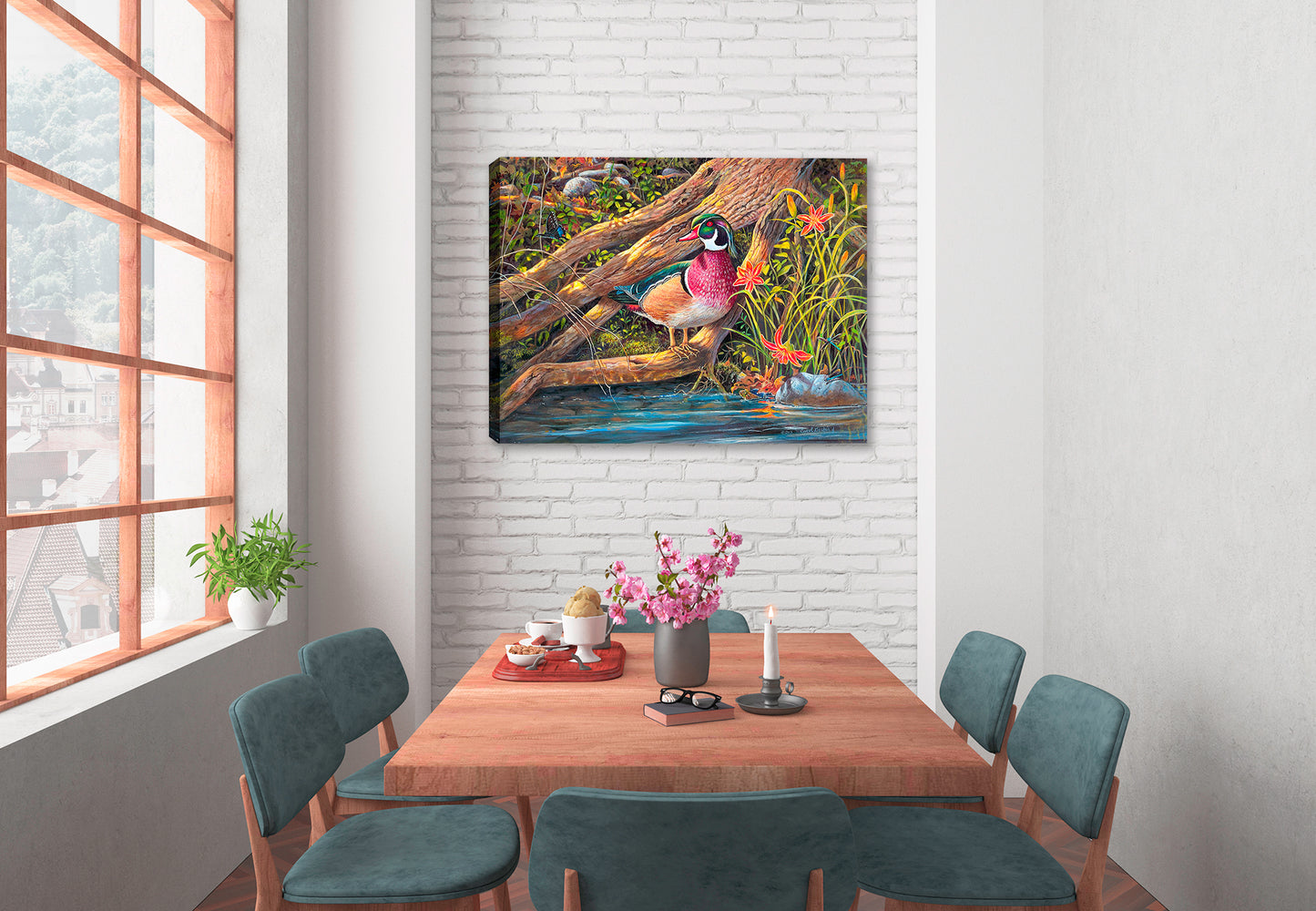 Streamside - a painting  by Carol Decker of a Wood Duck, Butterflies, dragonflies, and wild flowers. Printed on Canvas. Hung on Dining Room Wall.