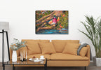 Streamside - a painting  by Carol Decker of a Wood Duck, Butterflies, dragonflies, and wild flowers. Printed on Canvas. Hung on Living Room Wall.