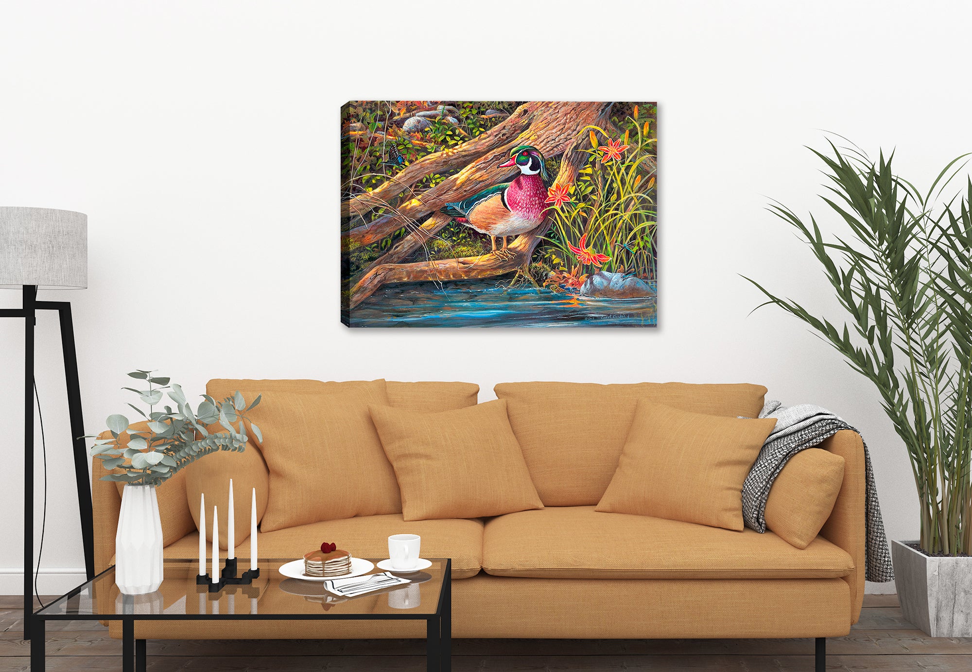 Streamside - a painting  by Carol Decker of a Wood Duck, Butterflies, dragonflies, and wild flowers. Printed on Canvas. Hung on Living Room Wall.