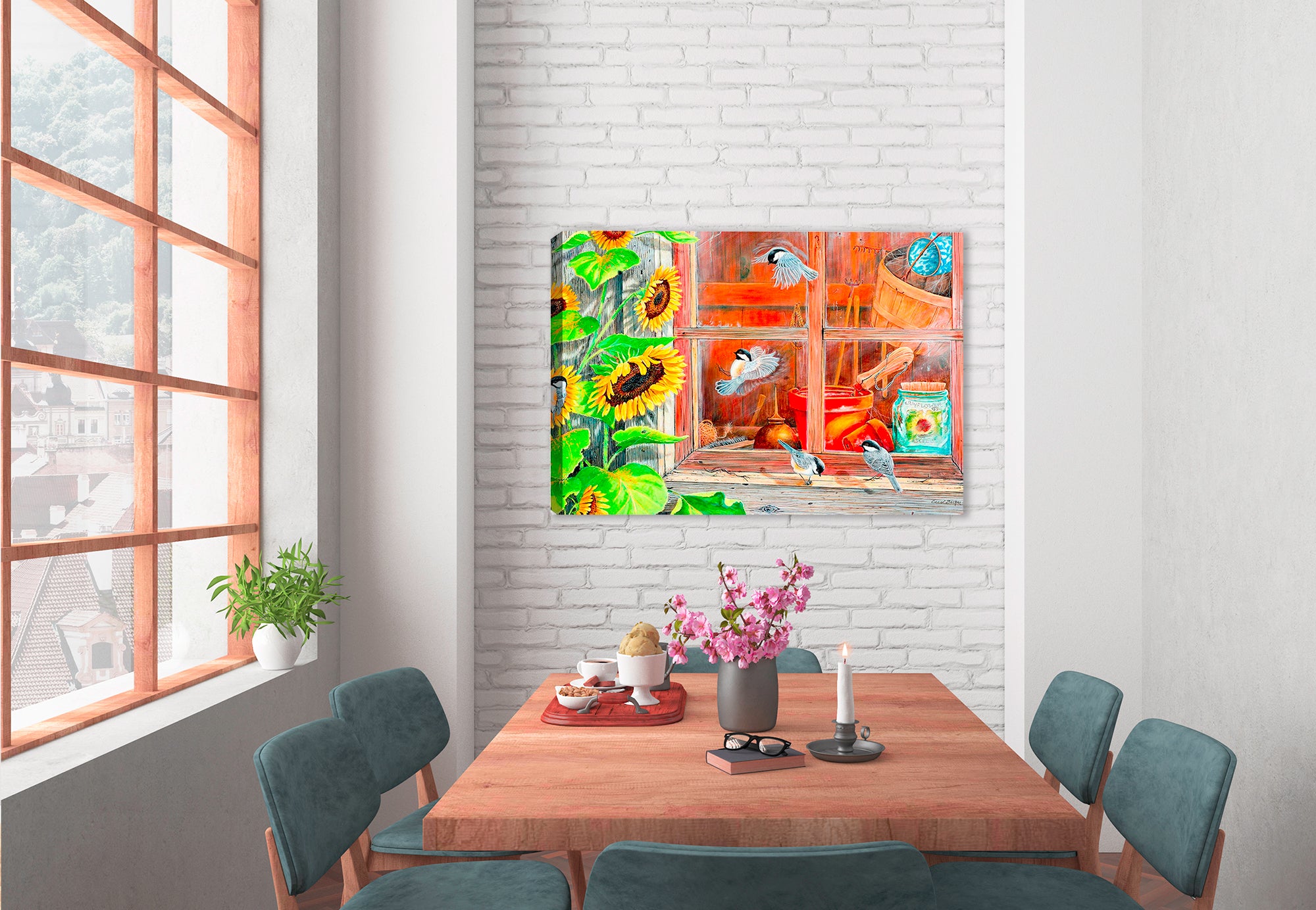Painting of a Sunflower Shed with Chickadees - Printed on Canvas. Hanging on Dining Room Wall.