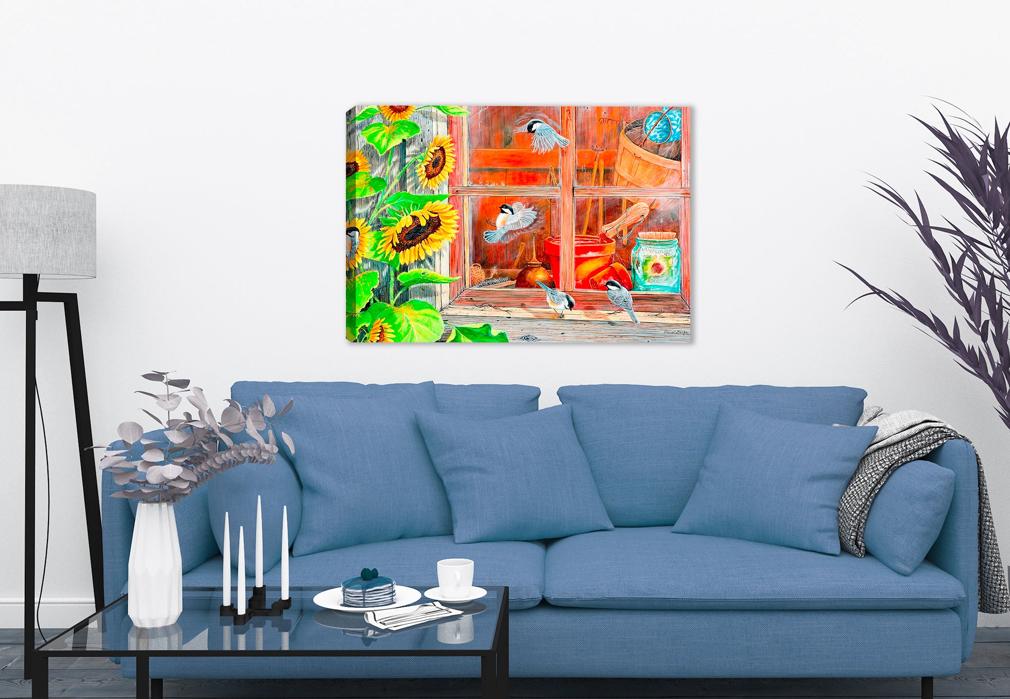 Painting of a Sunflower Shed with Chickadees - Printed on Canvas. Hanging on Living Room Wall.