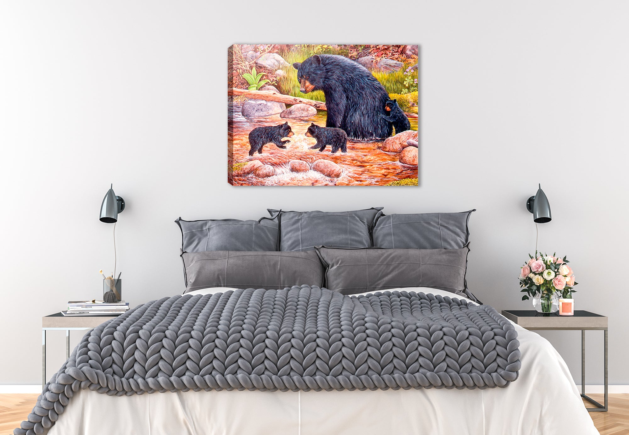 The Bear Creek Gang - Painting of Mama Bear and 3 Cubs  by Carol Decker - Printed on Canvas - Hung on Bedroom Room Wall