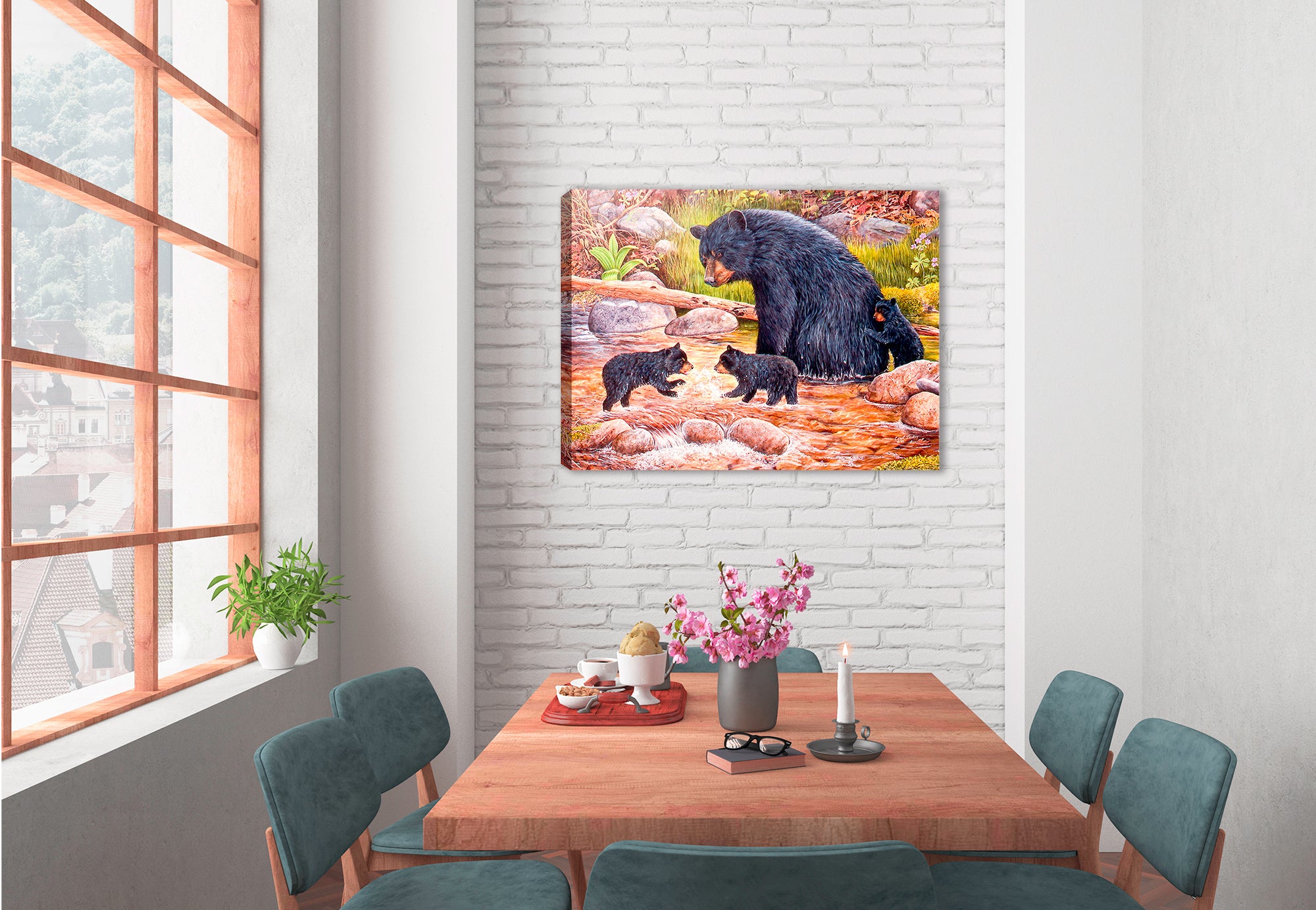 The Bear Creek Gang - Painting of Mama Bear and 3 Cubs  by Carol Decker - Printed on Canvas - Hung on Dining Room Wall