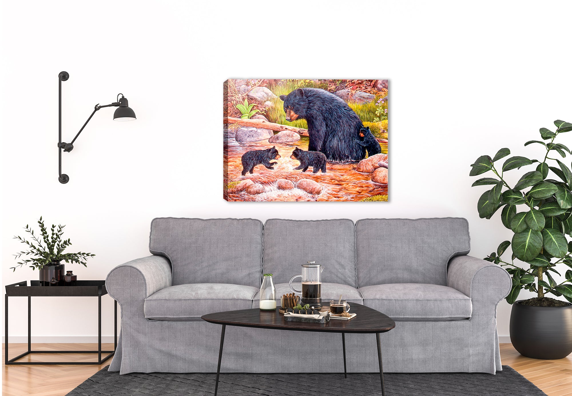 The Bear Creek Gang - Painting of Mama Bear and 3 Cubs  by Carol Decker - Printed on Canvas - Hung on Living Room Wall