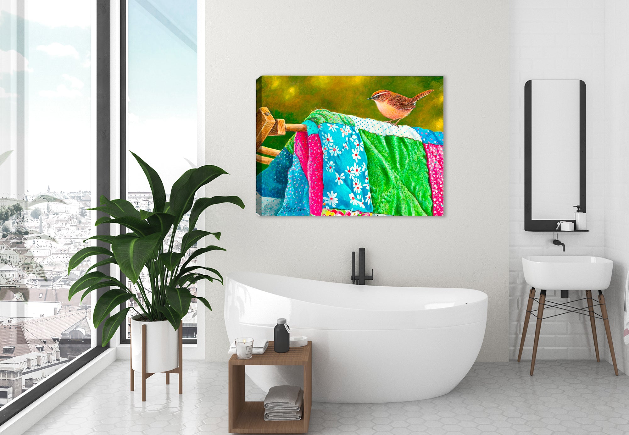 Painting of Bird perched on a Quilt Blanket on a Clothes Line.  Print hanging on Bathroom Wall
