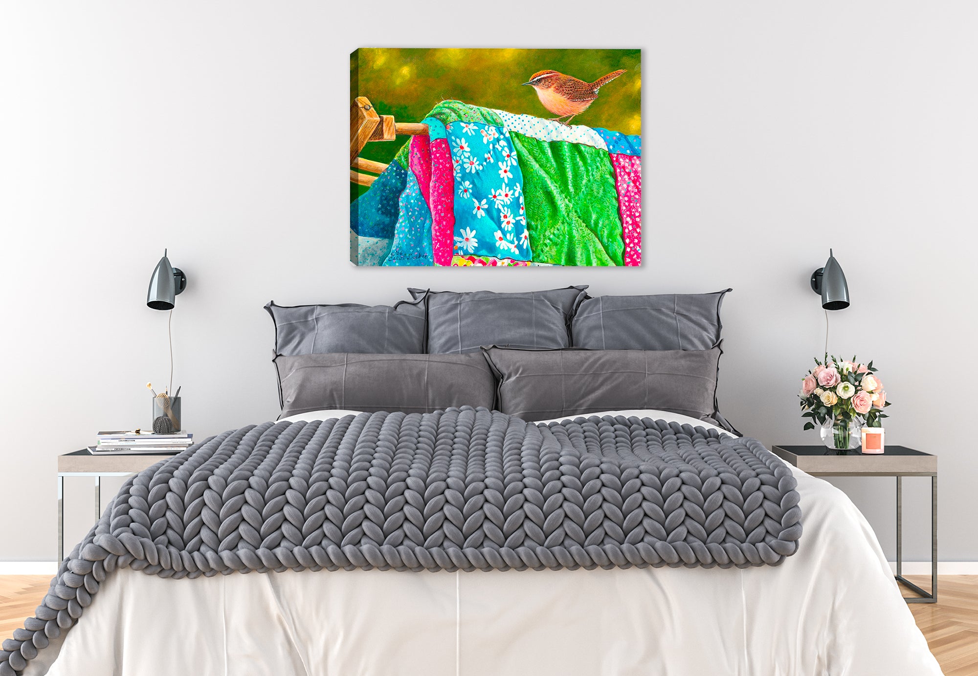 Painting of Bird perched on a Quilt Blanket on a Clothes Line.  Print hanging on Bedroom Wall