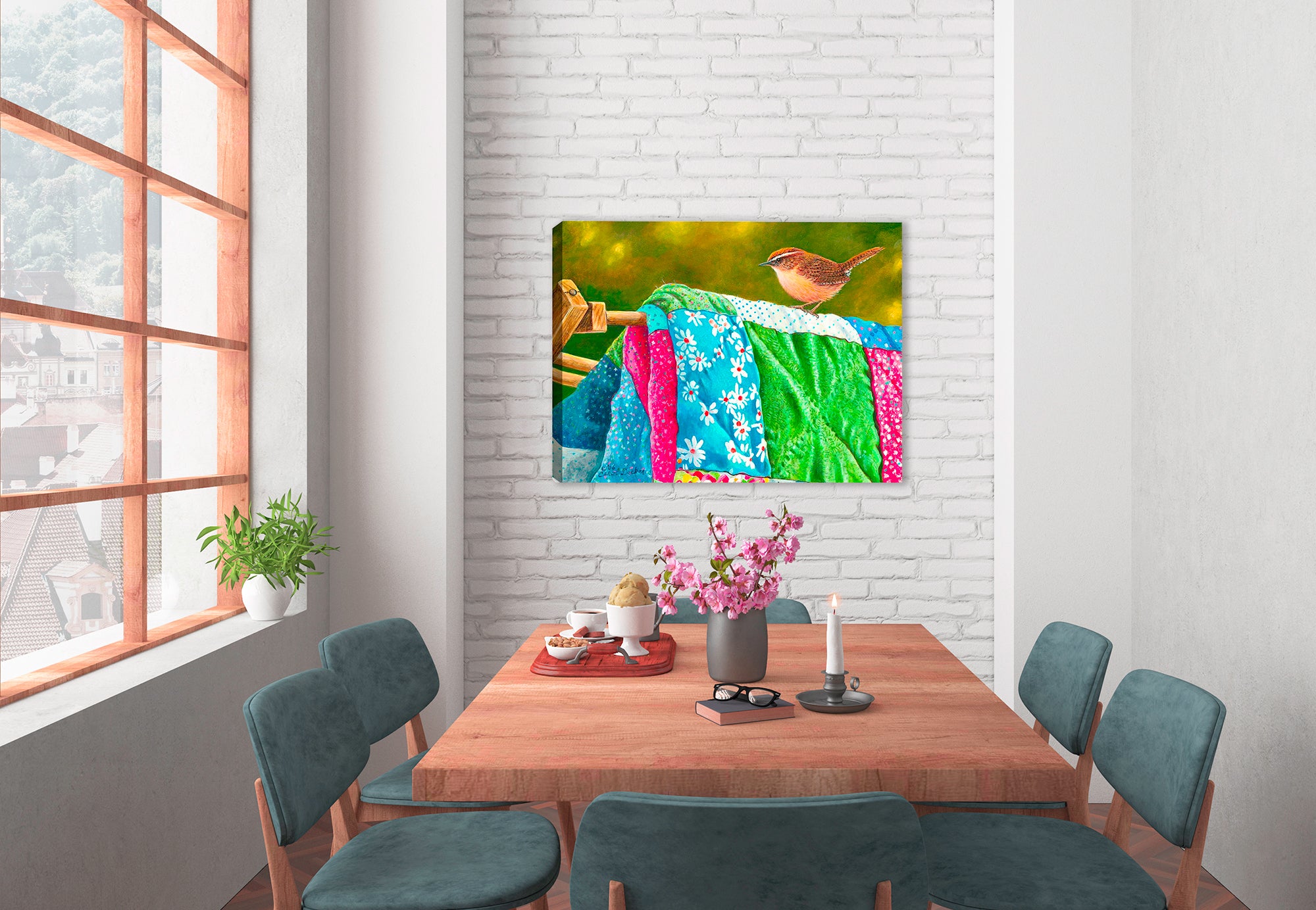 Painting of Bird perched on a Quilt Blanket on a Clothes Line.  Print hanging on Dining Room Wall