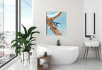 Painting of White Breasted Nuthatch perched on a Tree - Printed on Waterproof Canvas.  Hung on Bathroom  Wall.