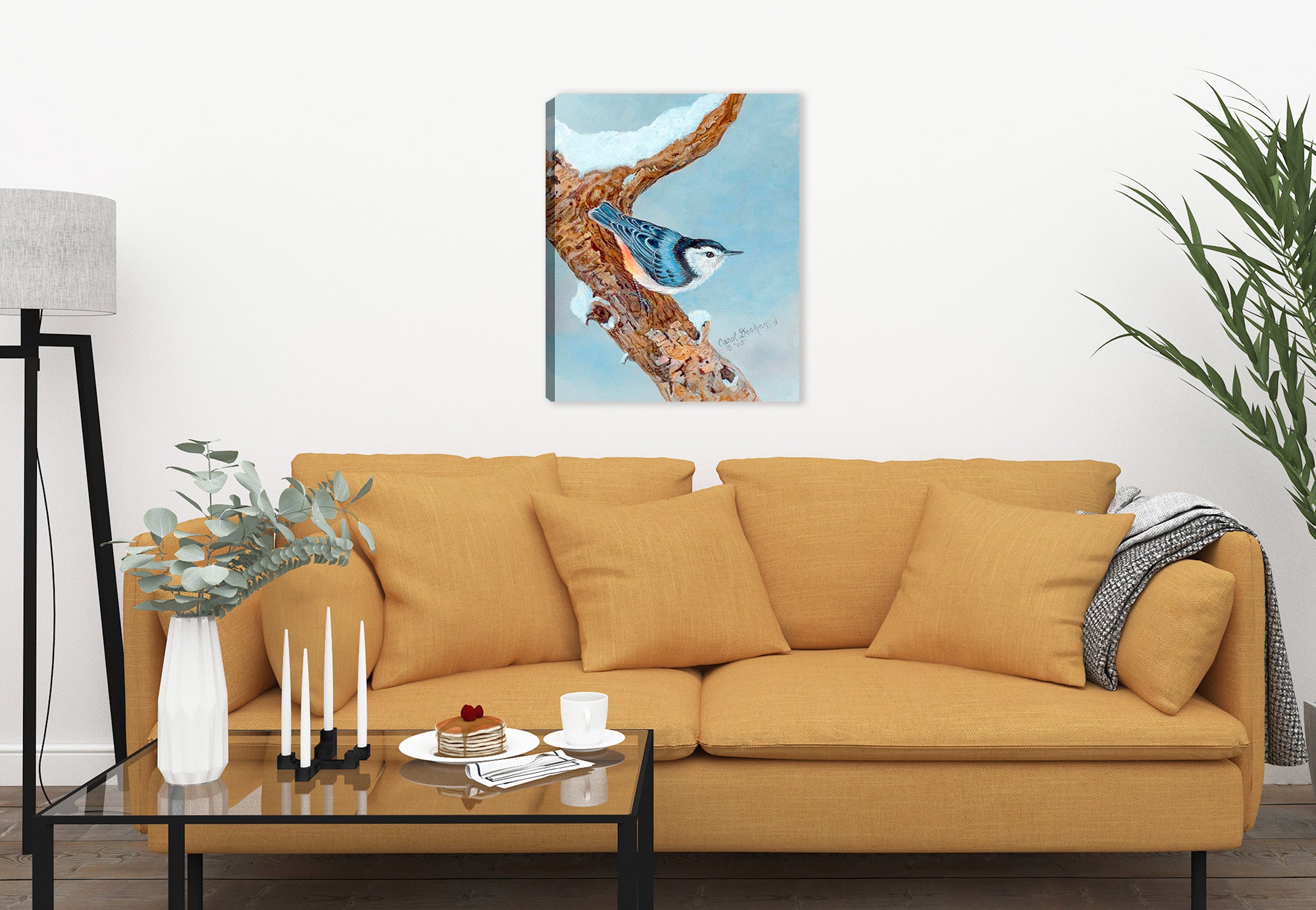 Painting of White Breasted Nuthatch perched on a Tree - Printed on Waterproof Canvas.  Hung on Living Room Wall.