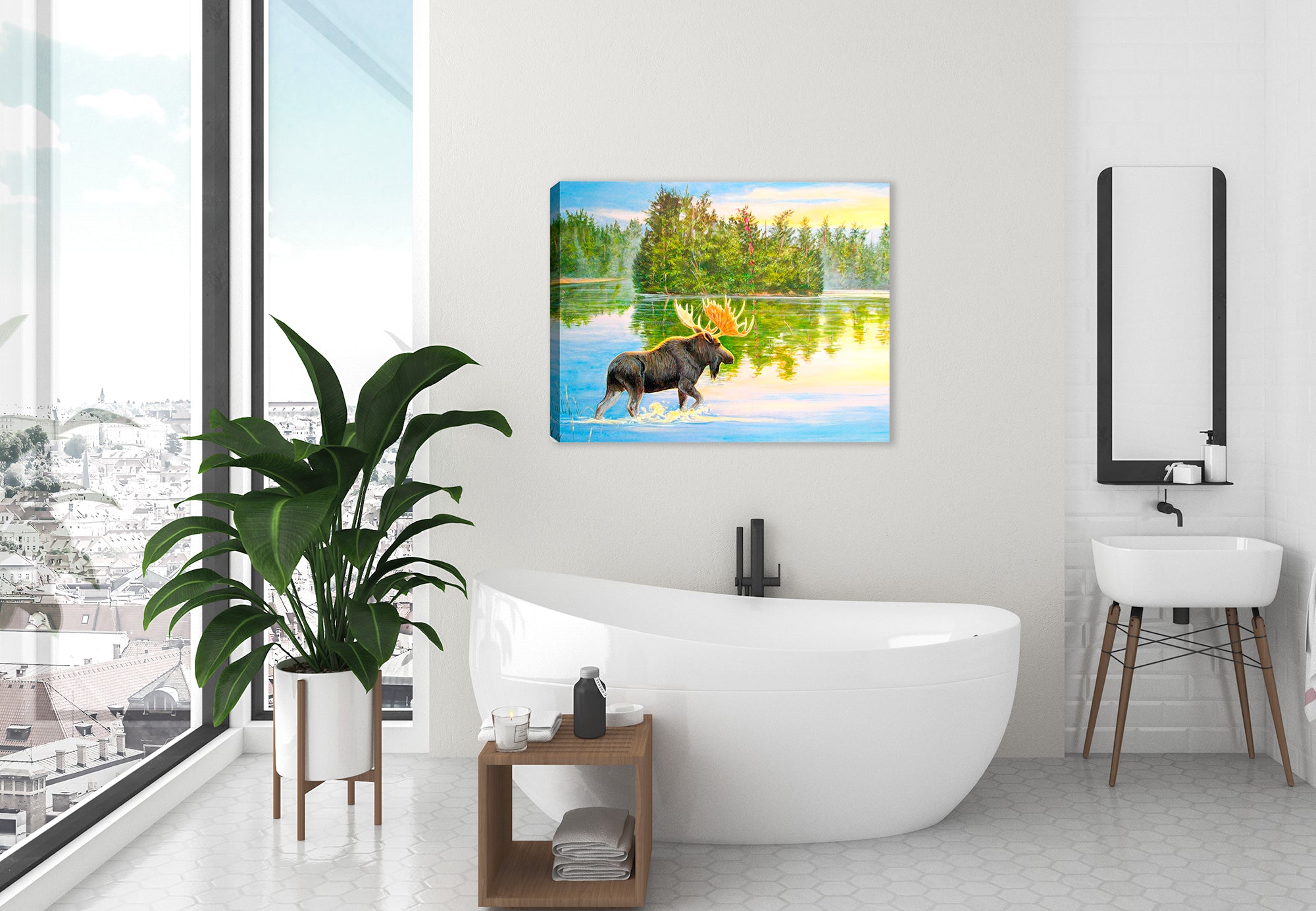 Painting of a Moose on a Canvas Wrap hanging on bathroom wall.