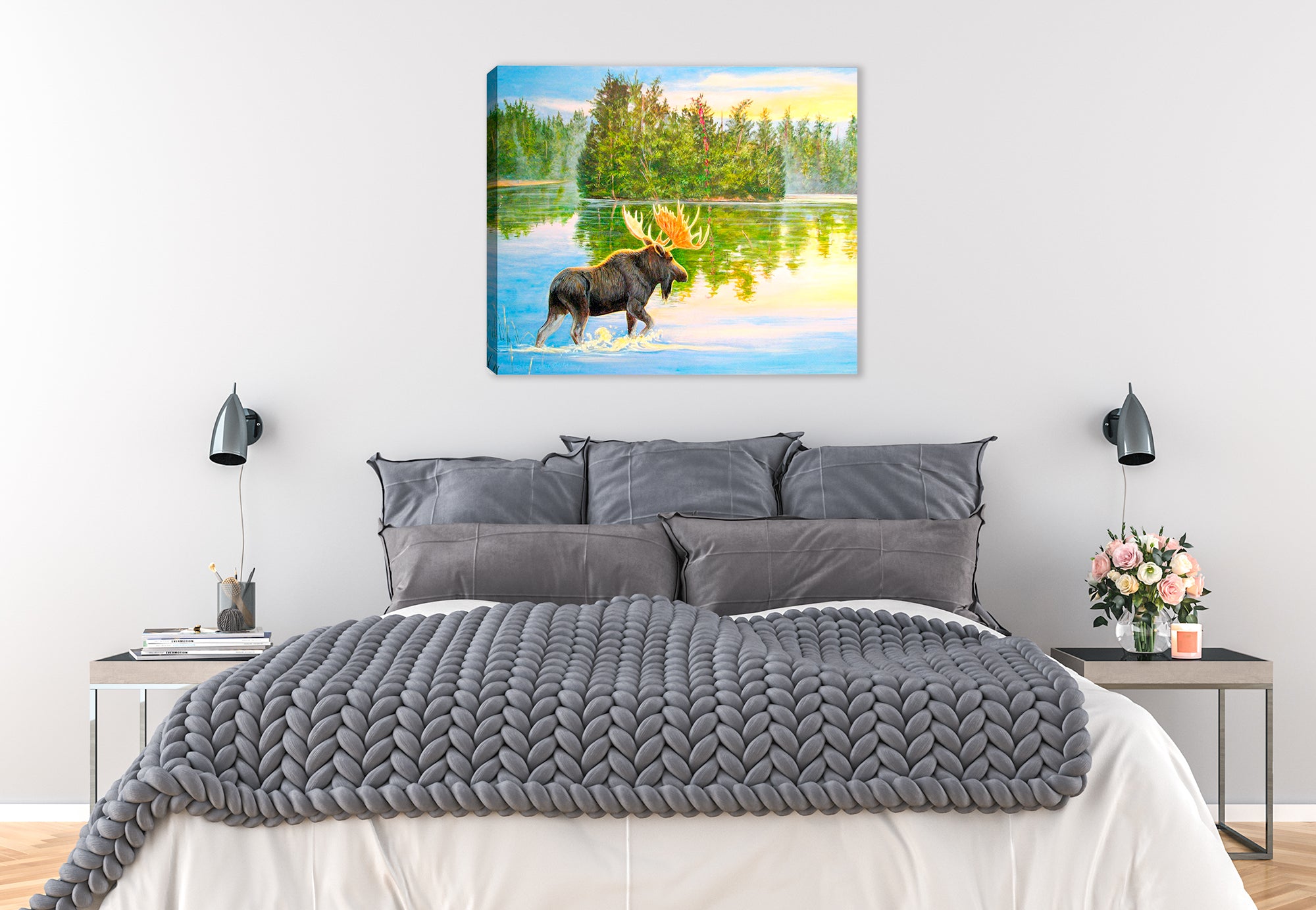 Painting of a Moose on a Canvas Wrap hanging on Bedroom wall.