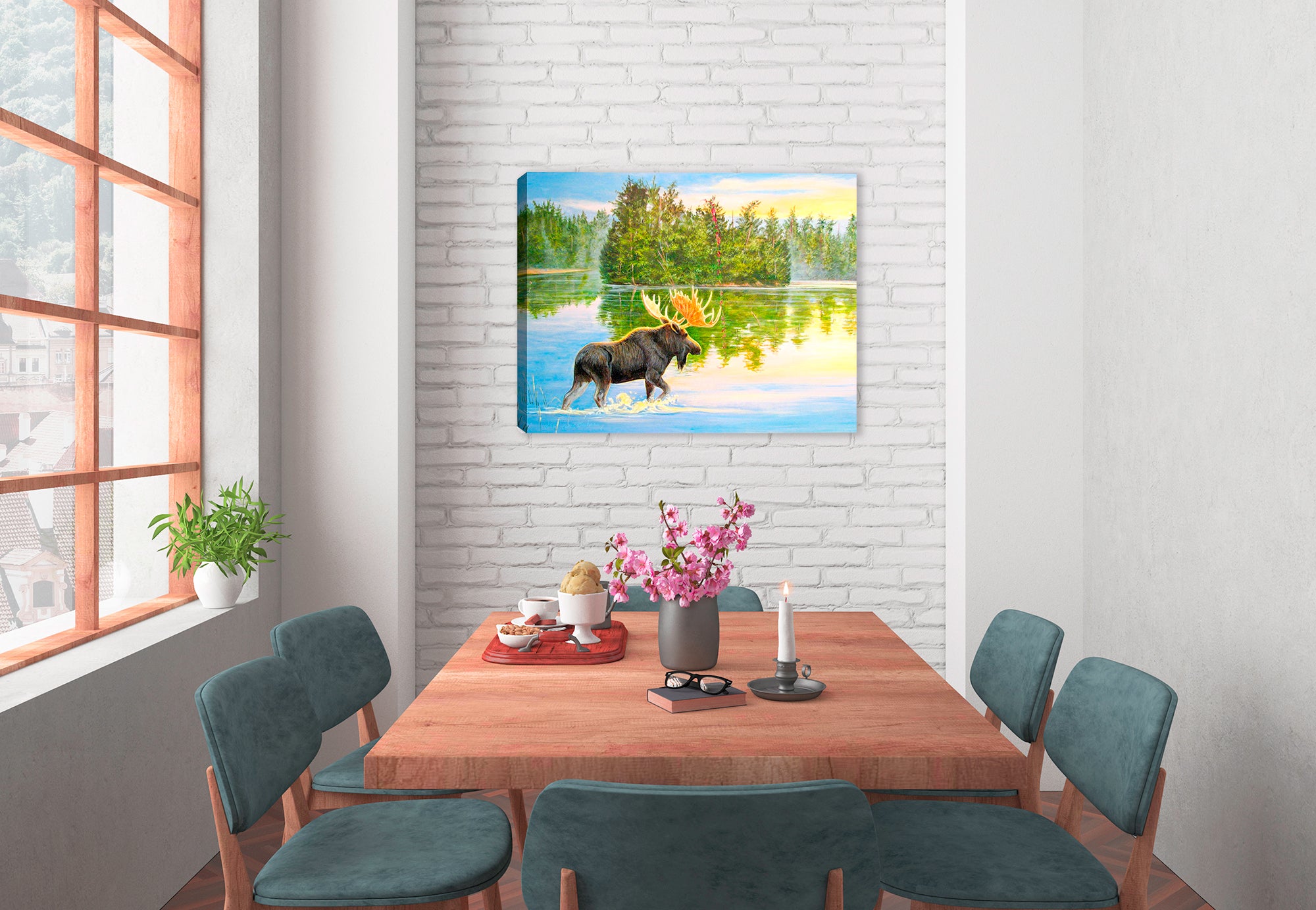 Painting of a Moose on a Canvas Wrap hanging on Diningroom wall.