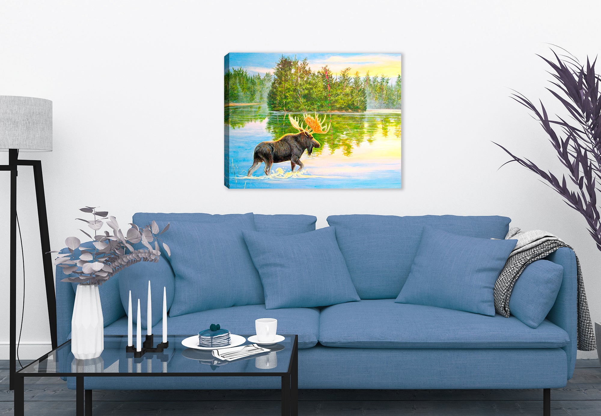 Painting of a Moose on a Canvas Wrap hanging on Living room wall.